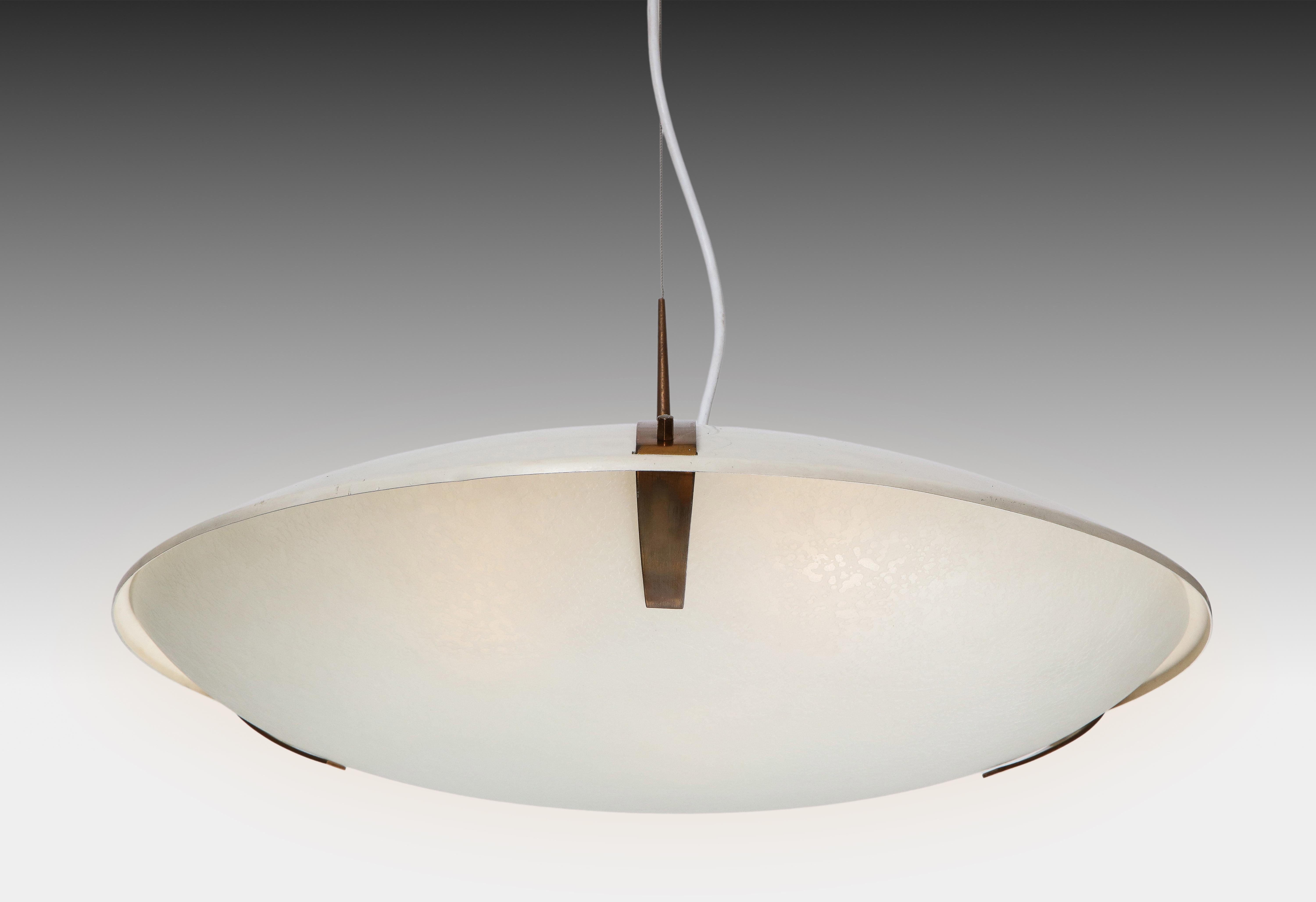 Stilnovo Pendant Light Model 1140 in Aluminum, Brass and Glass, Italy, 1960s In Good Condition For Sale In New York, NY