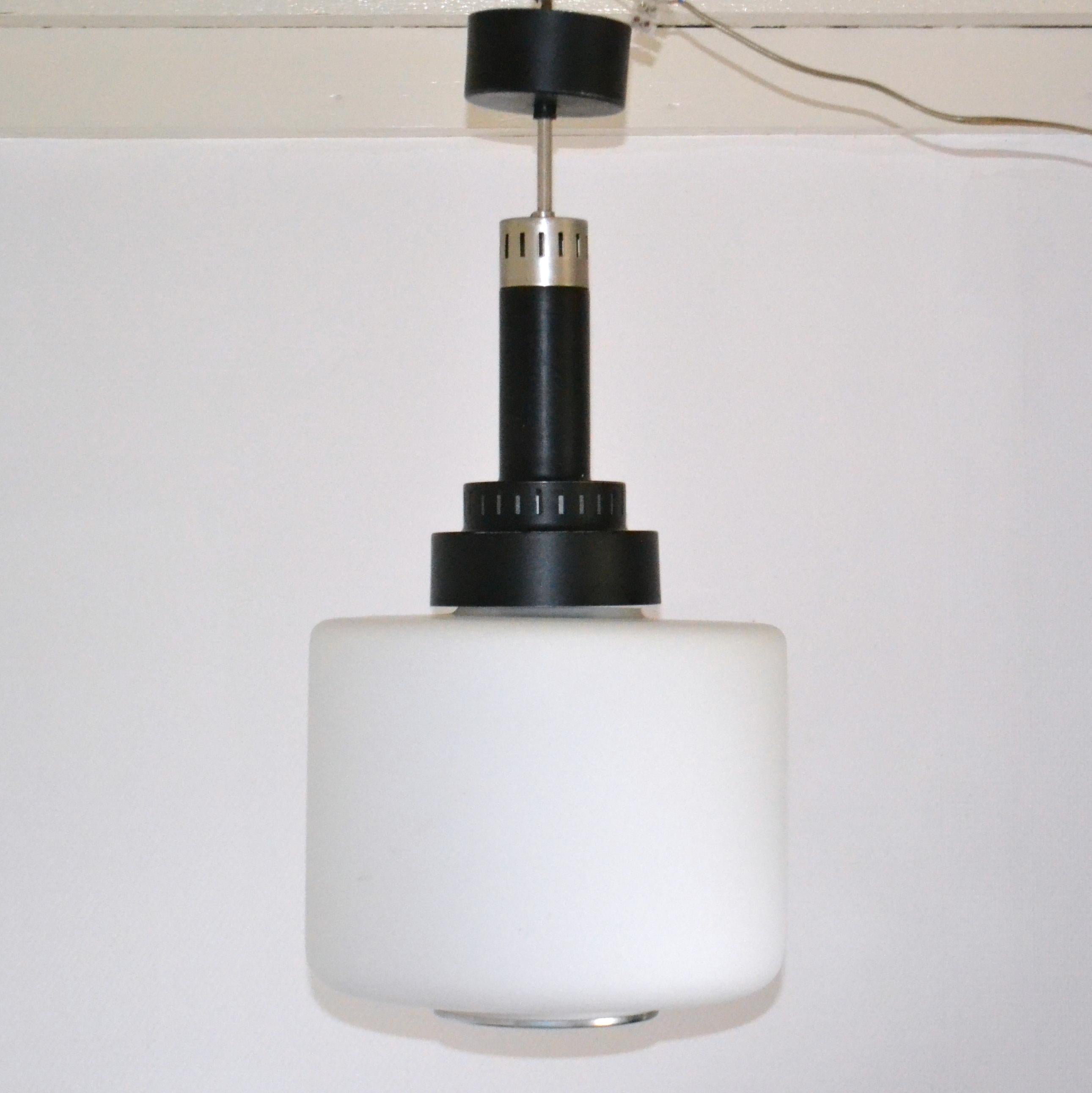 Stilnovo Pendant with Opaline Glass and Black Metal, Italy 1960's In Excellent Condition For Sale In London, GB