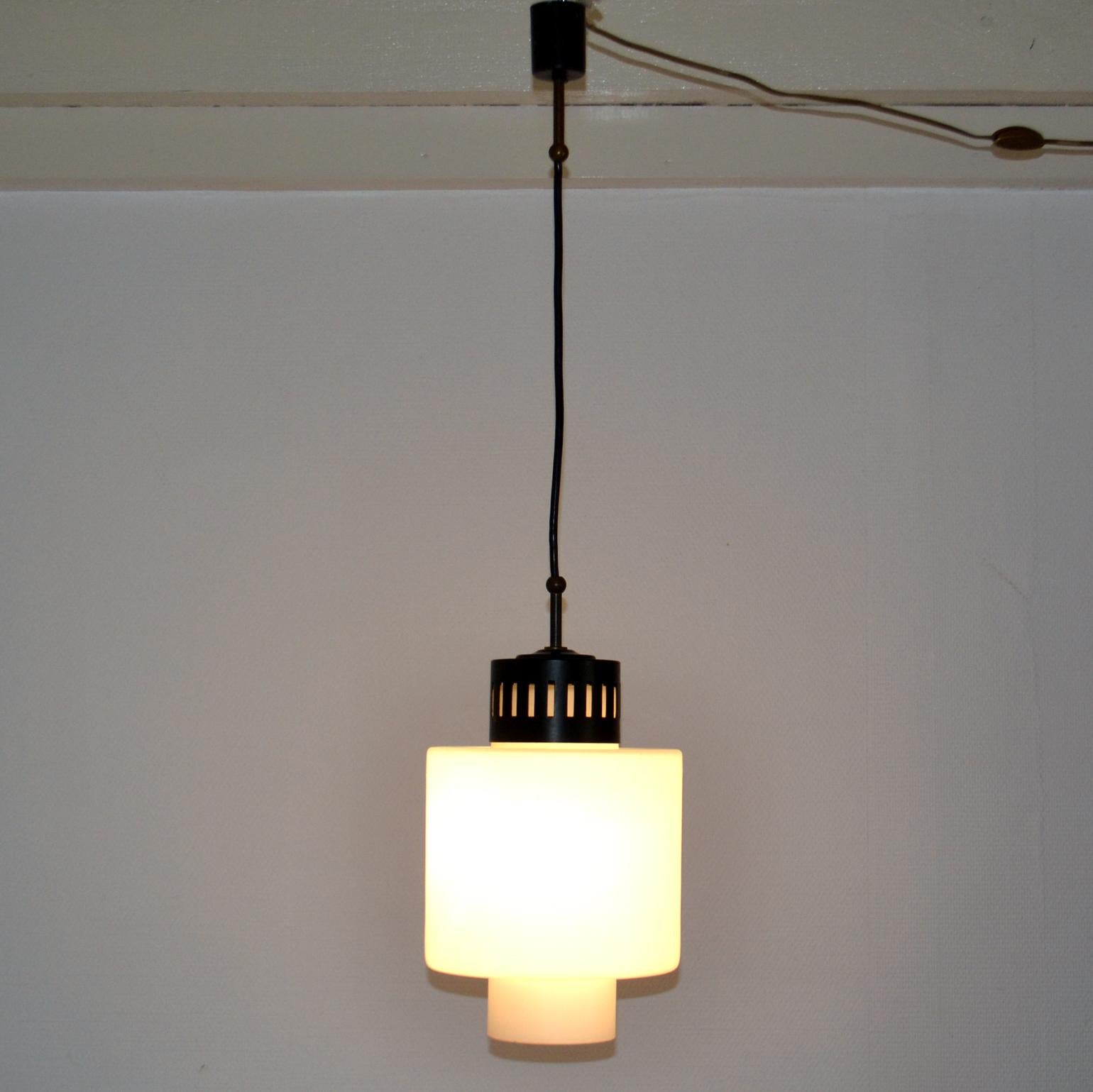 Mid-20th Century Stilnovo Pendant with Opaline Glass and Black Metal, Italy 1960's For Sale