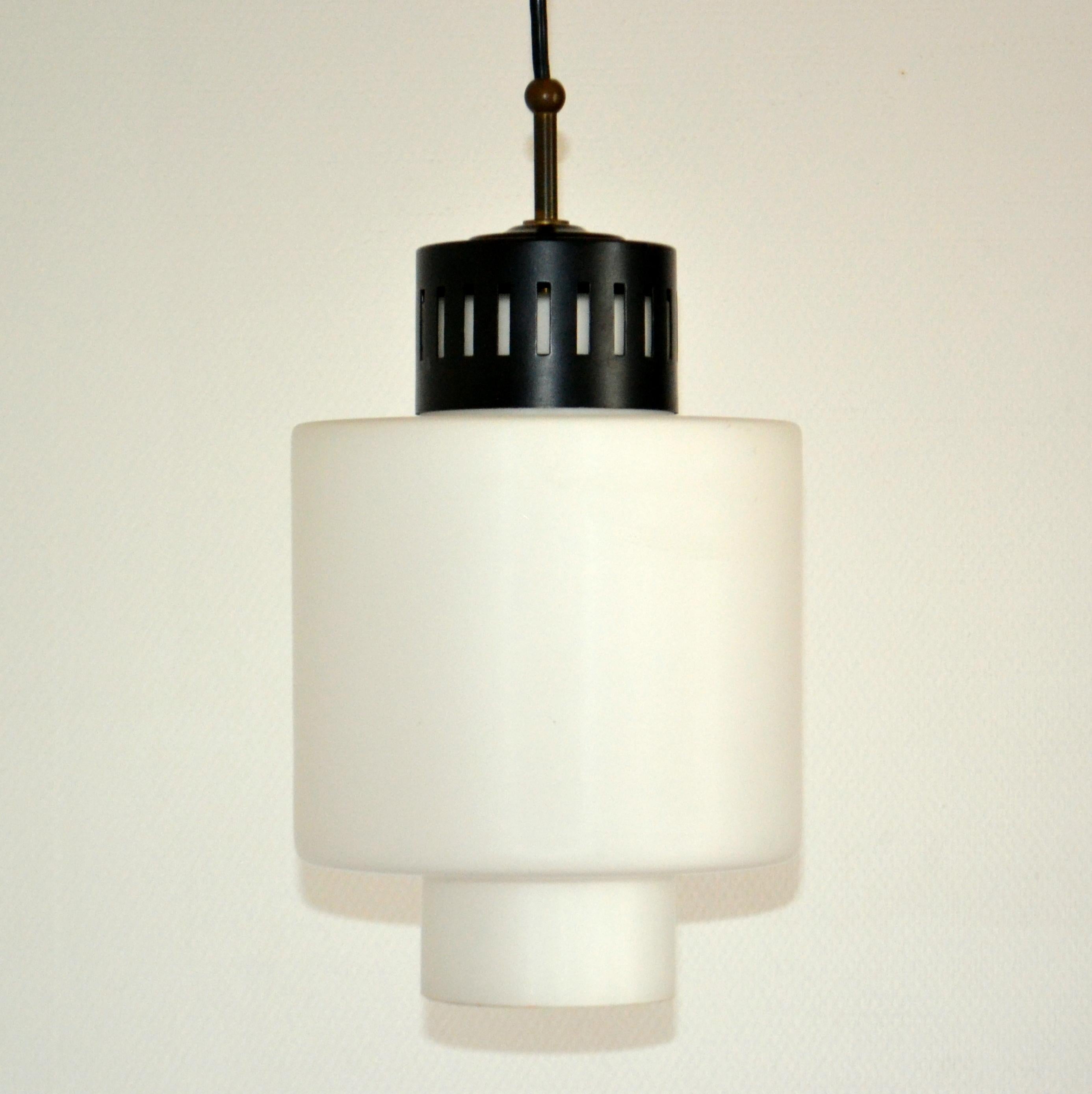 Stilnovo Pendant with Opaline Glass and Black Metal, Italy 1960's For Sale 1
