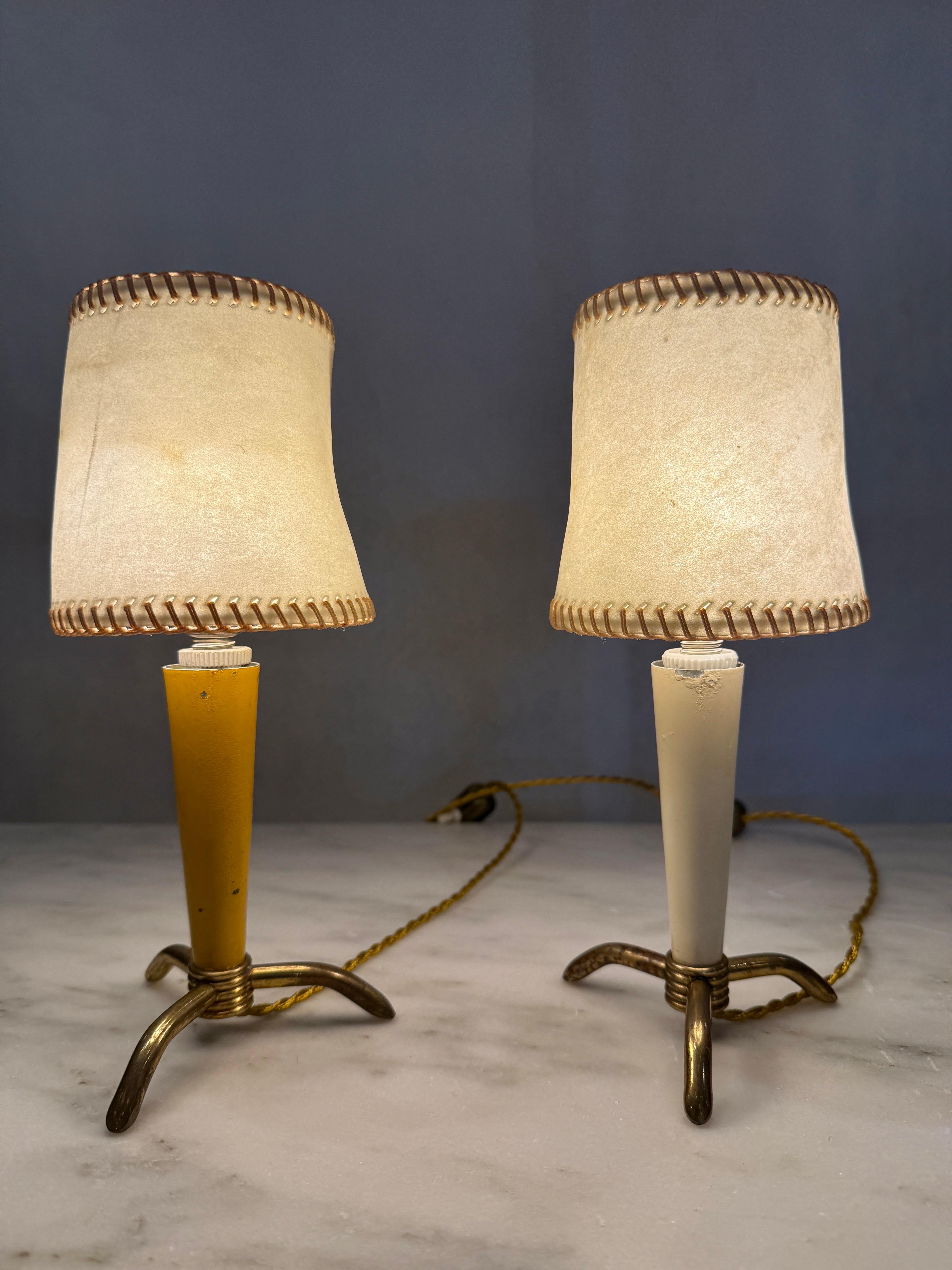 Mid-Century Modern Stilnovo Petite Table Lamps w/ Hand-Stitched Parchment Shades, Pair For Sale