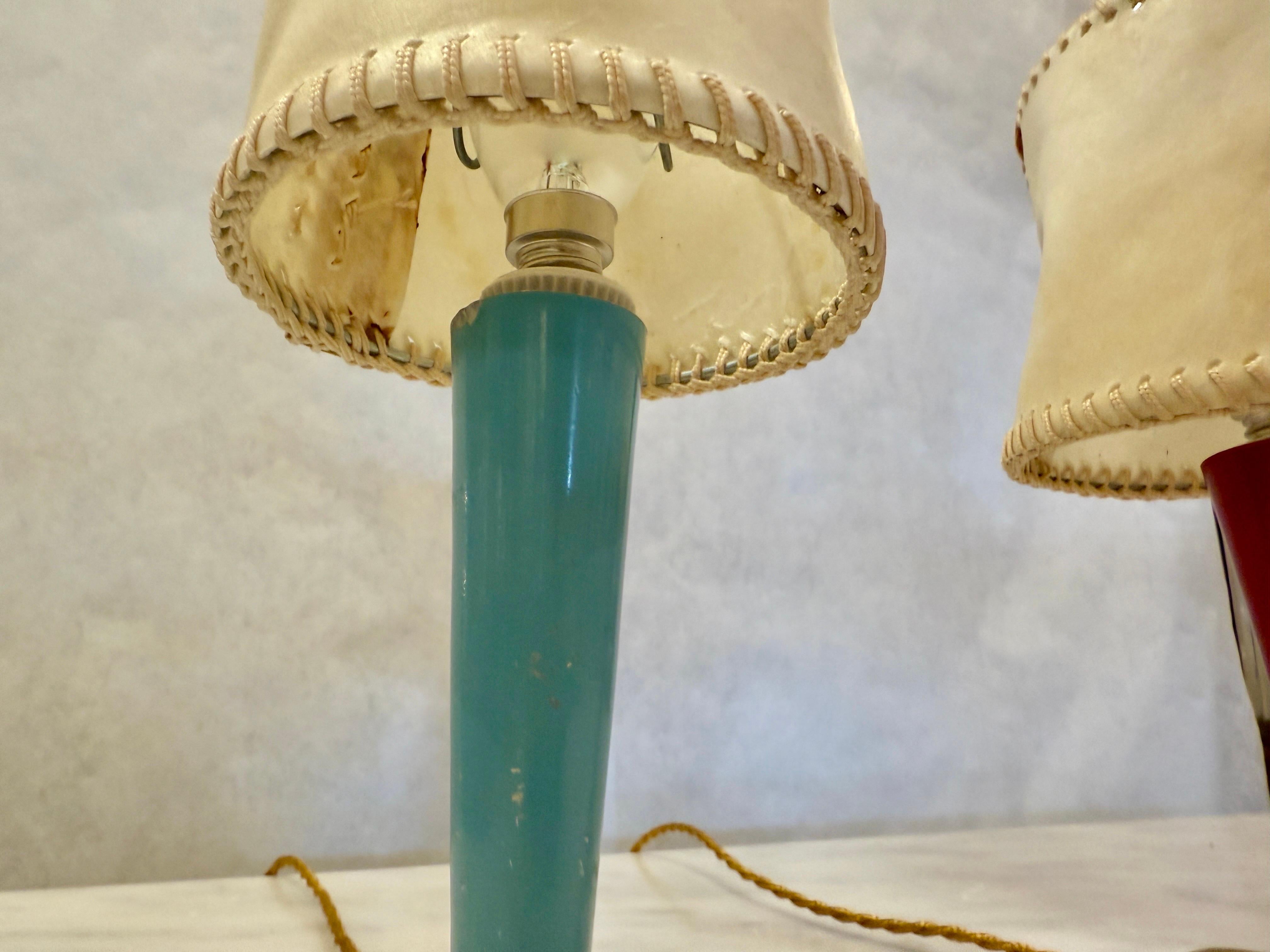Painted Stilnovo Petite Table Lamps w/ Hand-Stitched Parchment Shades, Pair For Sale