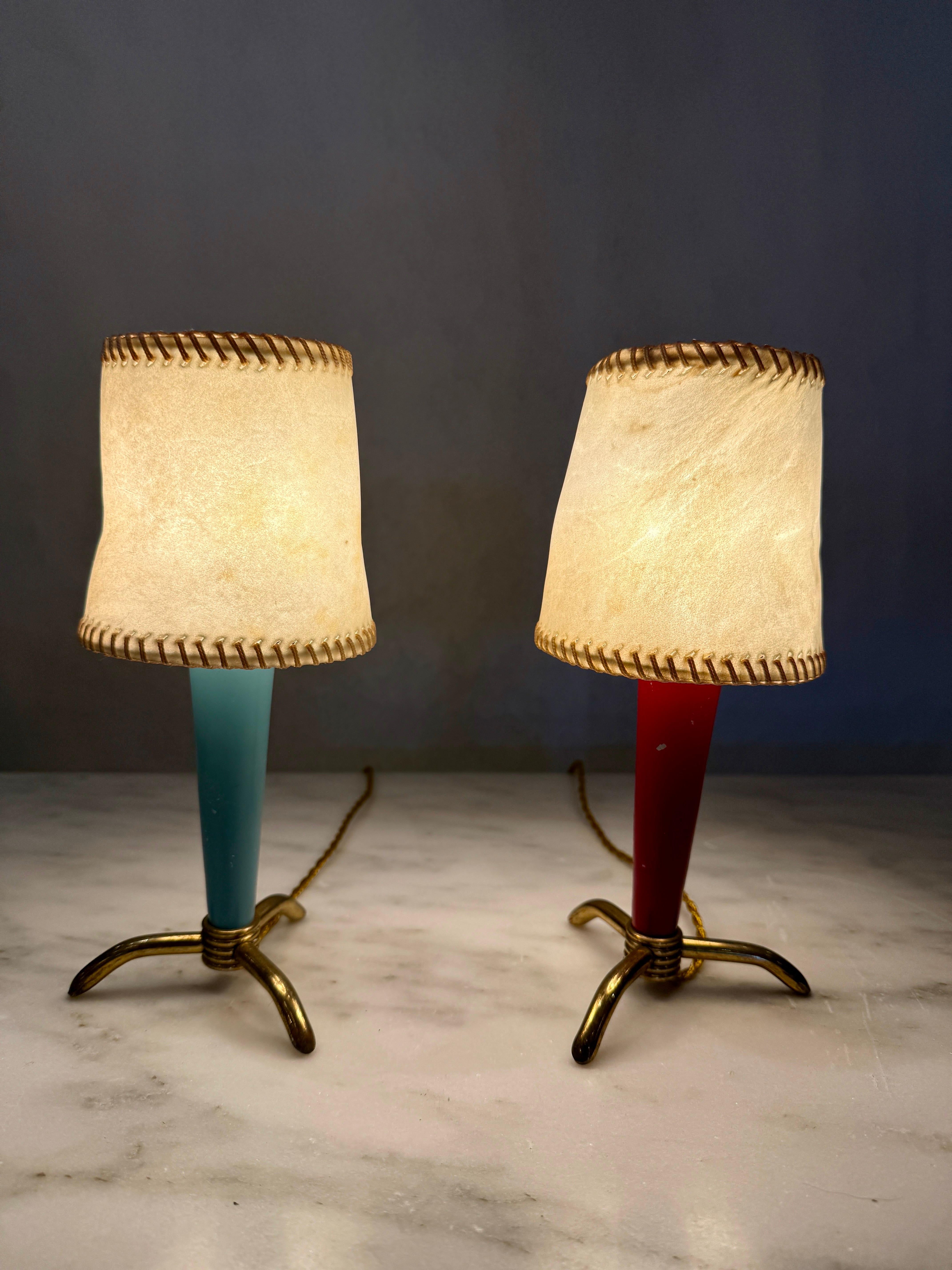 Stilnovo Petite Table Lamps w/ Hand-Stitched Parchment Shades, Pair In Good Condition For Sale In North Miami, FL