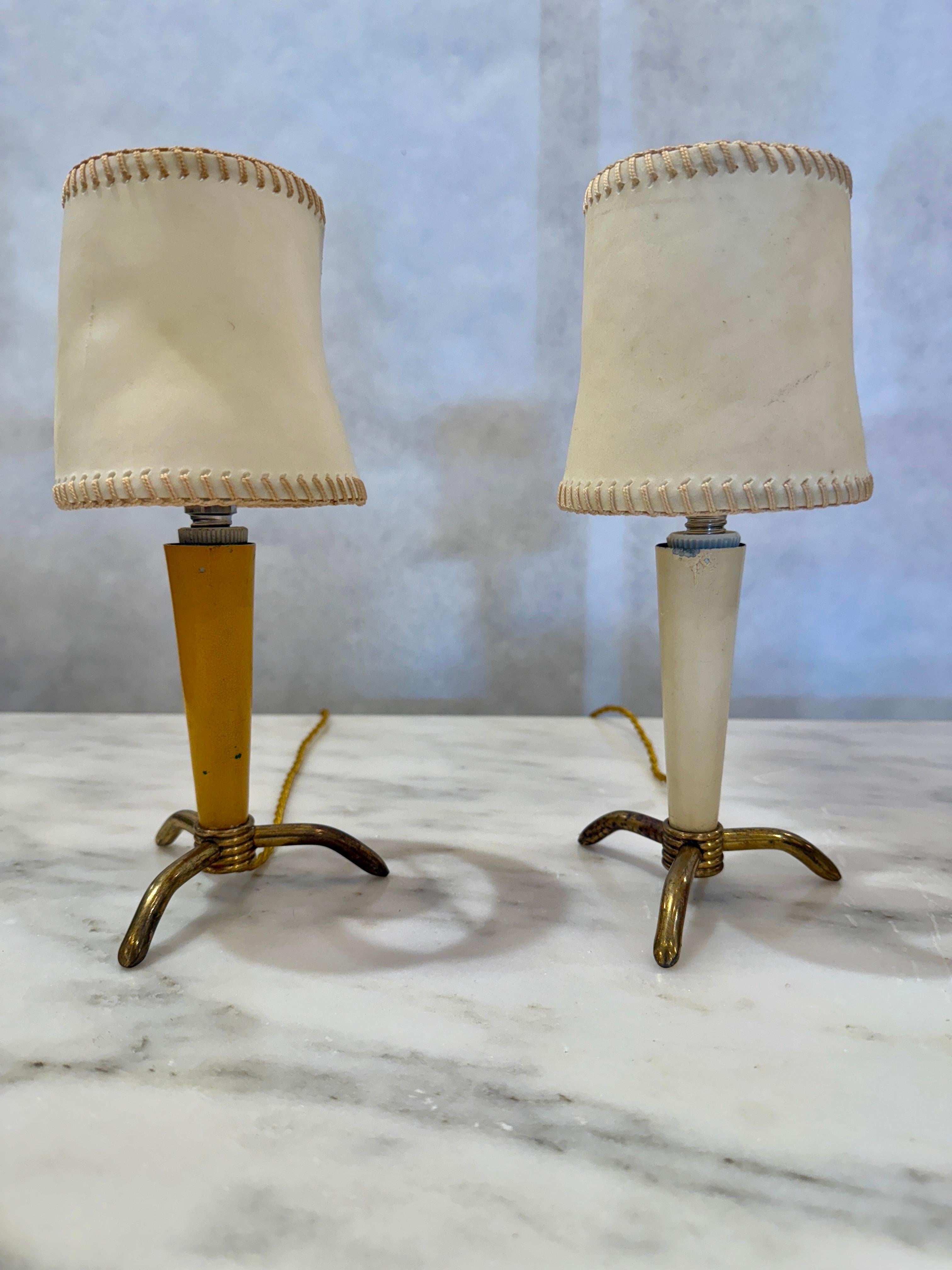Metal Stilnovo Petite Table Lamps w/ Hand-Stitched Parchment Shades, Pair For Sale
