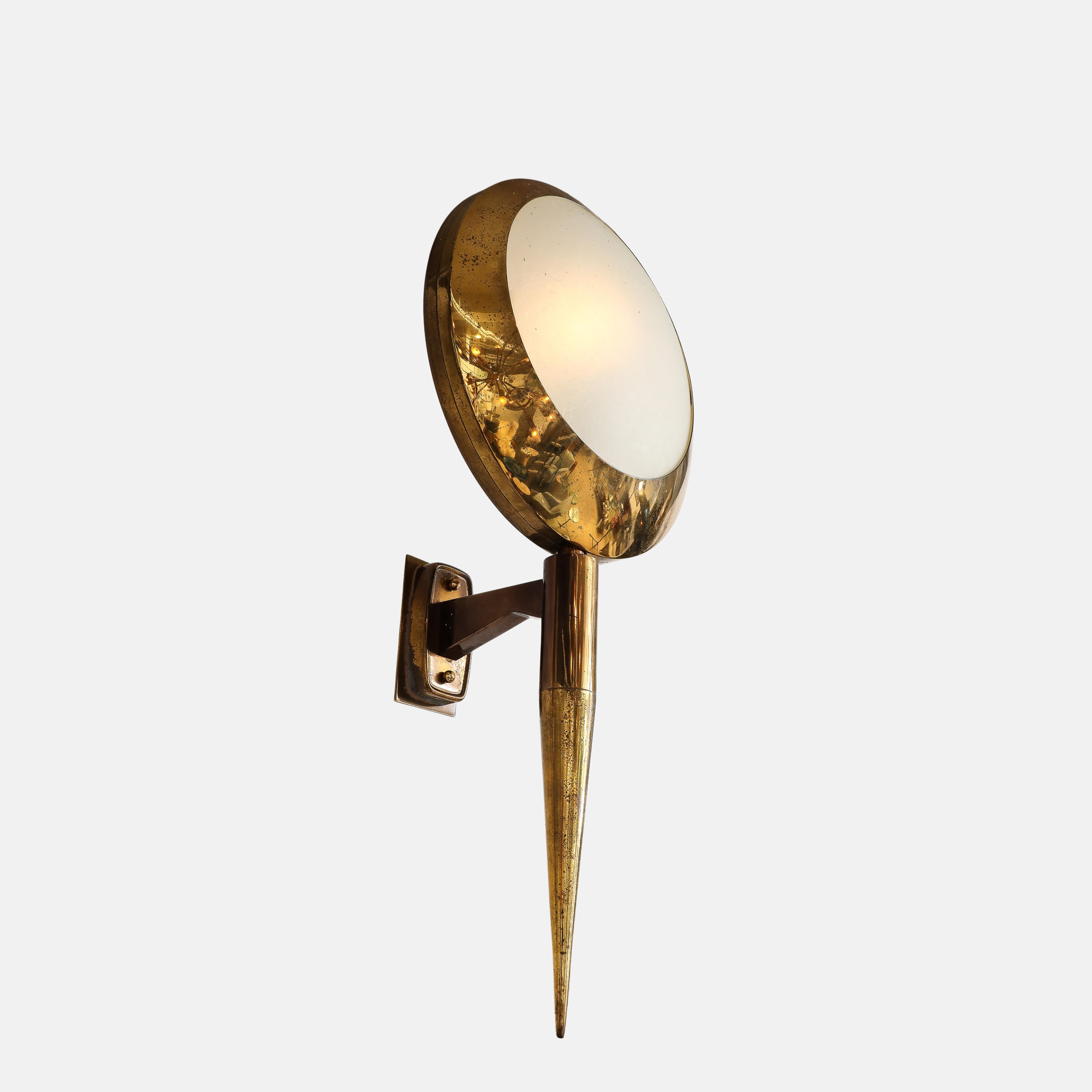 Mid-20th Century Stilnovo Rare Large Pair of Sconces Model 2128 in Brass and Glass, 1950s For Sale