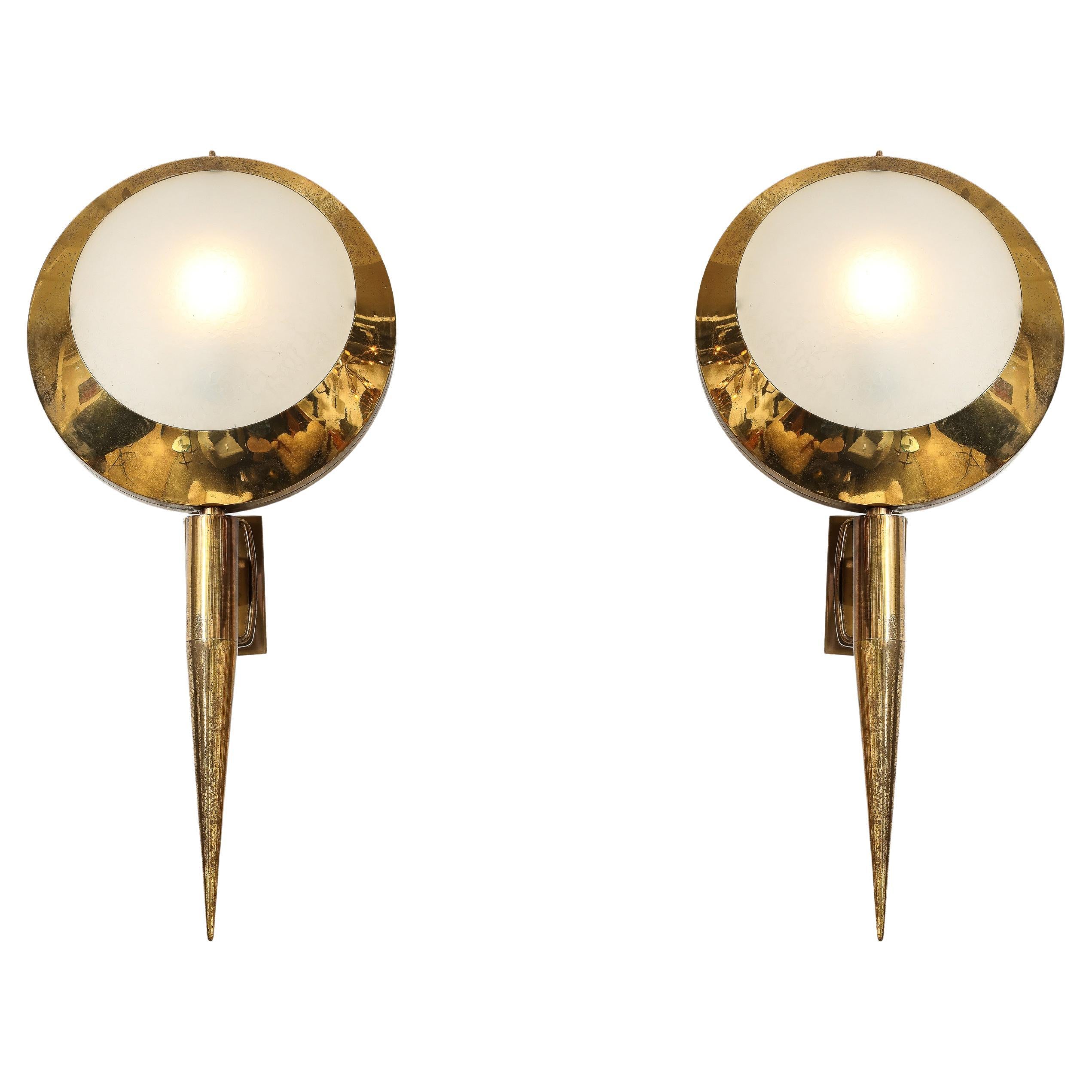 Stilnovo Rare Large Pair of Sconces Model 2128 in Brass and Glass, 1950s For Sale