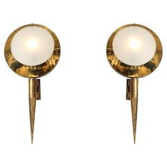 Vintage Stilnovo Rare Large Pair of Sconces Model 2128 in Brass and Glass, 1950s