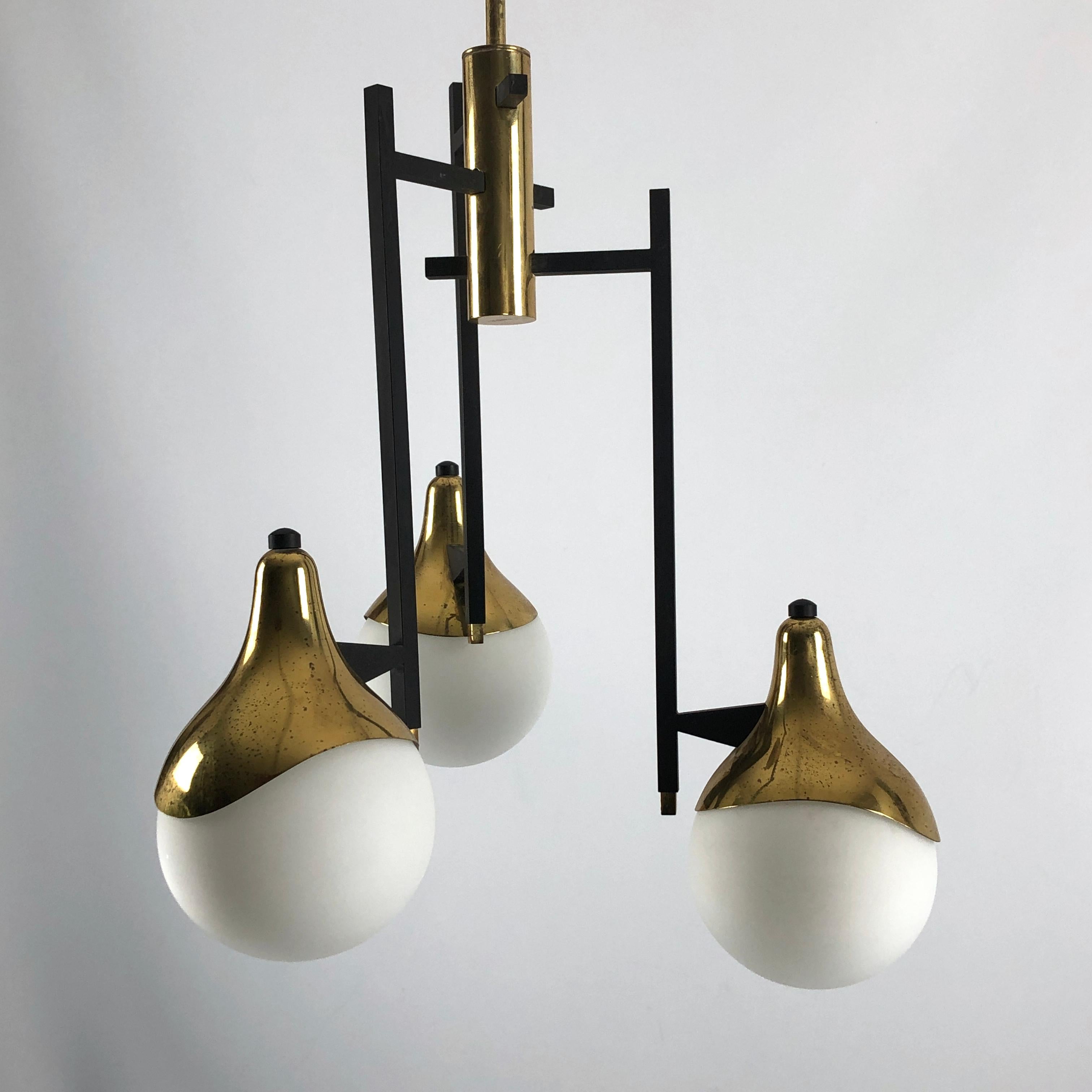 Mid-Century Modern Stilnovo, Rare Mid-Century Three Arms Brass Chandelier