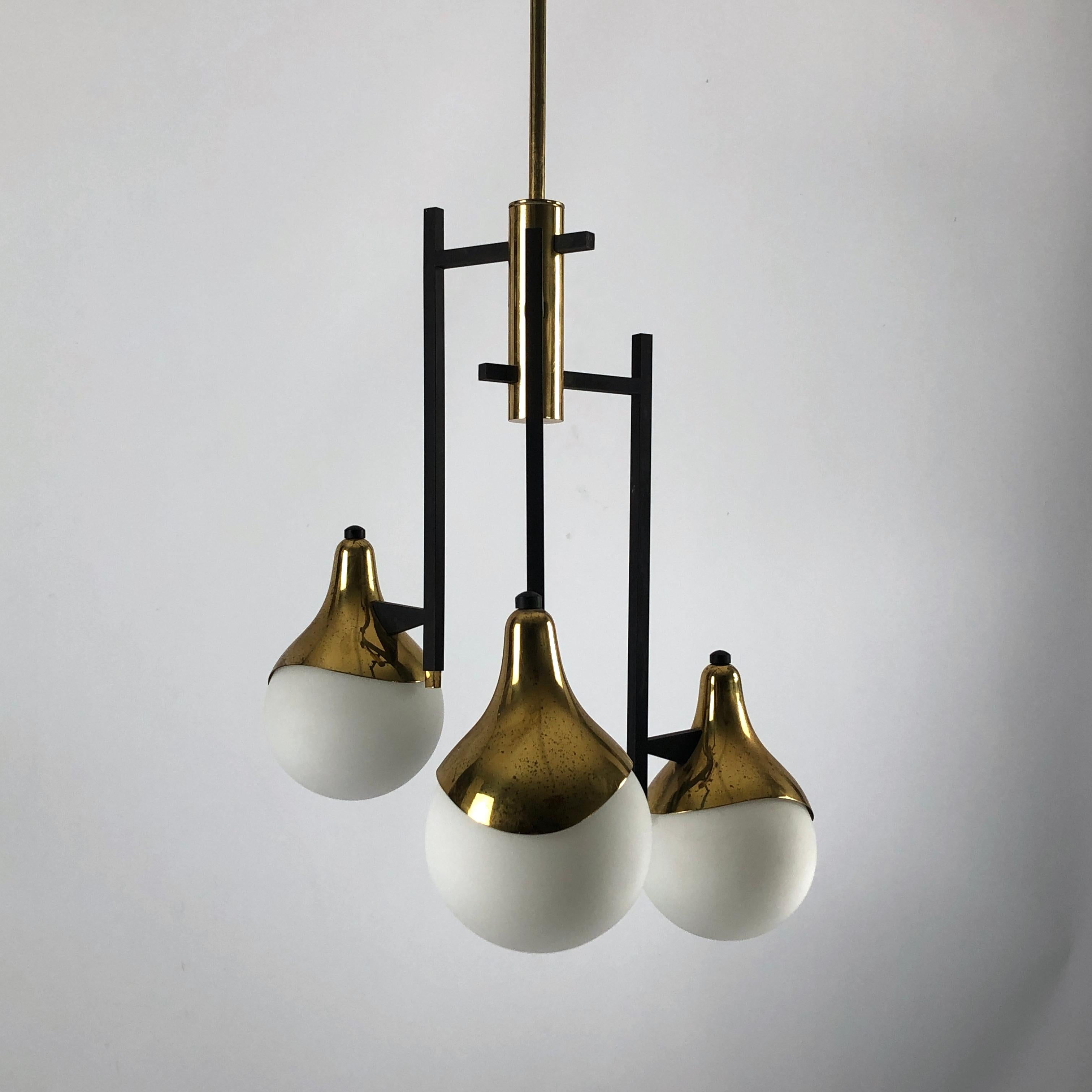Italian Stilnovo, Rare Mid-Century Three Arms Brass Chandelier