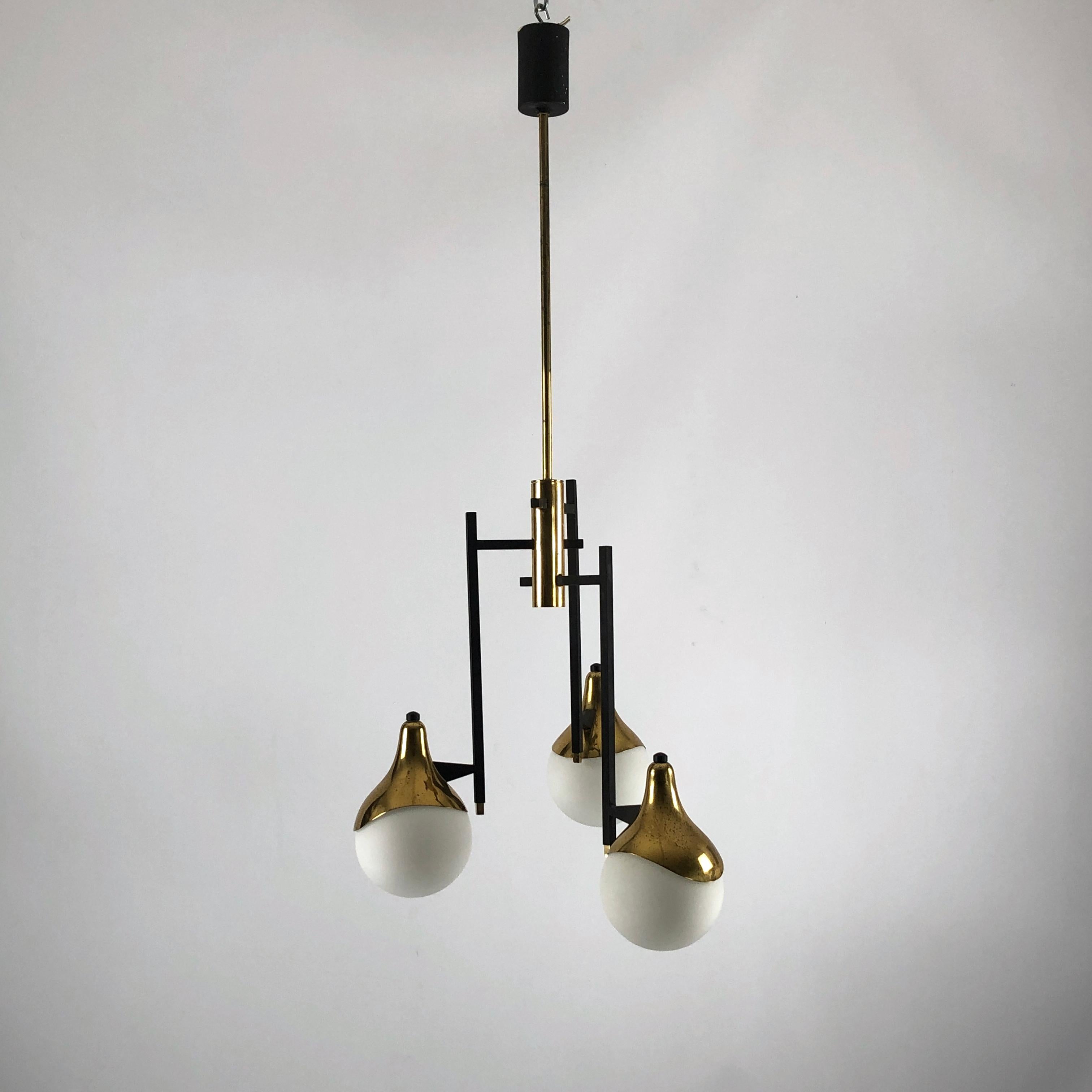 20th Century Stilnovo, Rare Mid-Century Three Arms Brass Chandelier