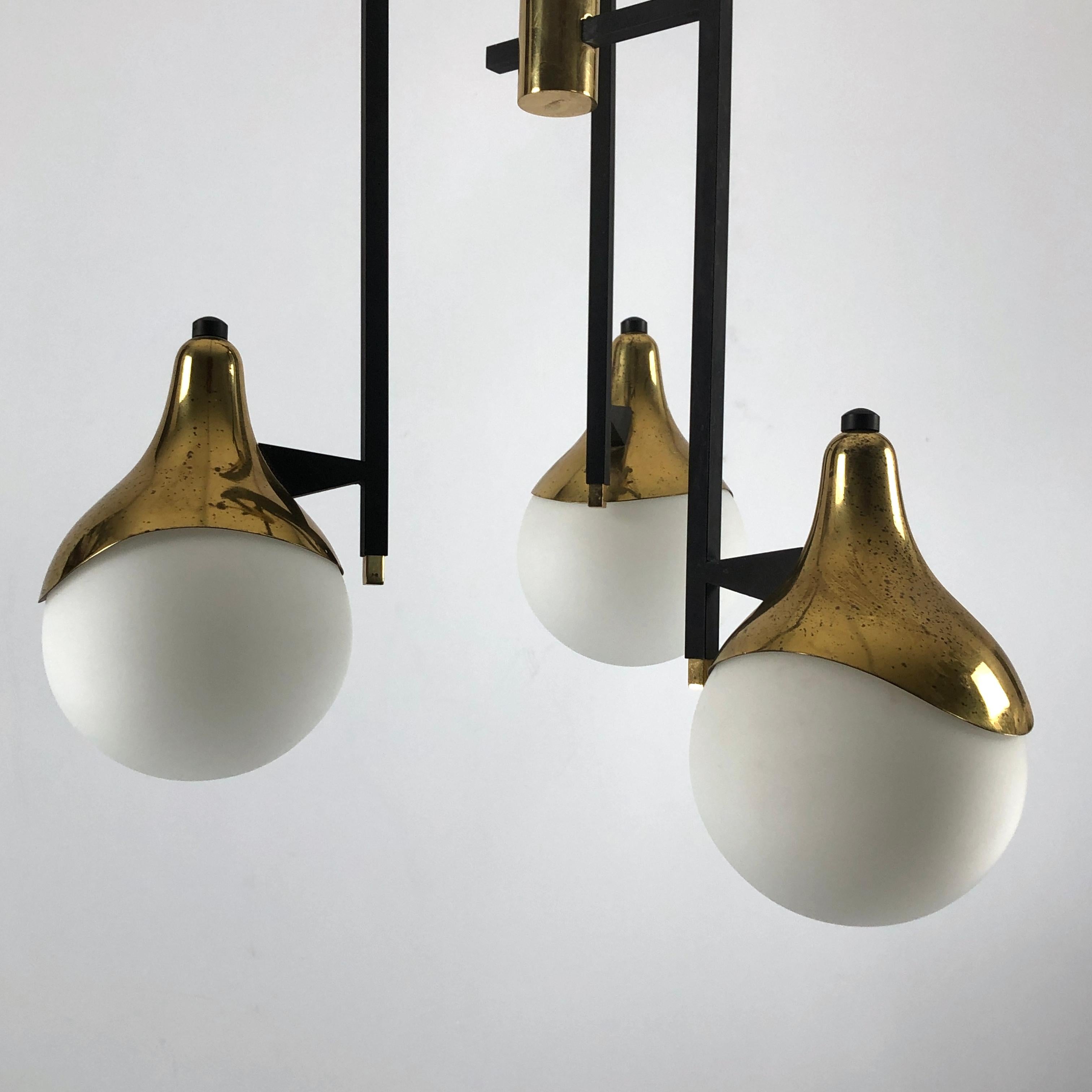Stilnovo, Rare Mid-Century Three Arms Brass Chandelier 1