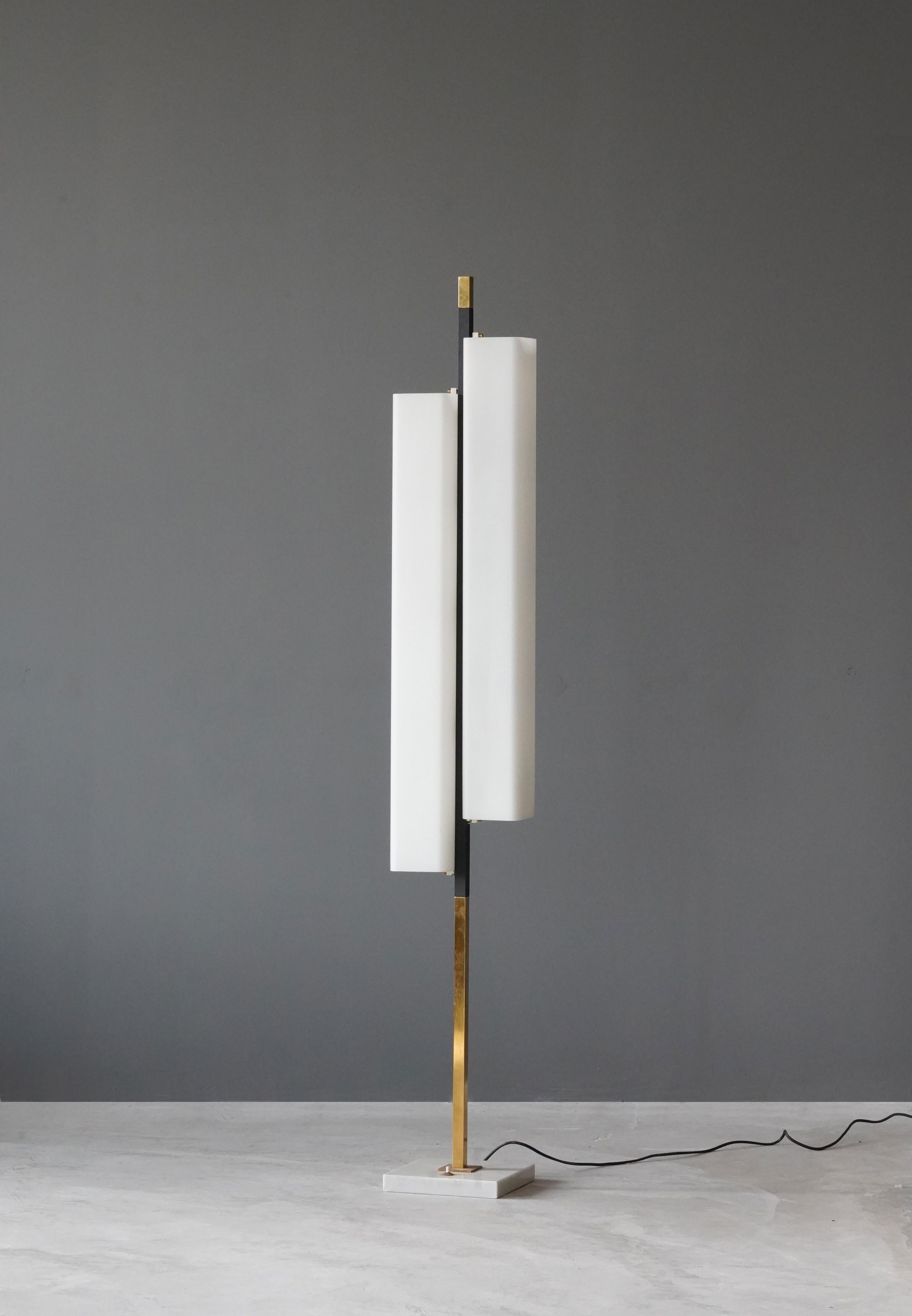 A rare modernist / Minimalist floor lamp produced by Stilnovo, Italy, 1950s. Features an interesting mix of marble, black lacquered metal, brass, and acrylic.

Other designers of the period include Max Ingrand, Angelo Lelii, Gino Sarfatti, Franco