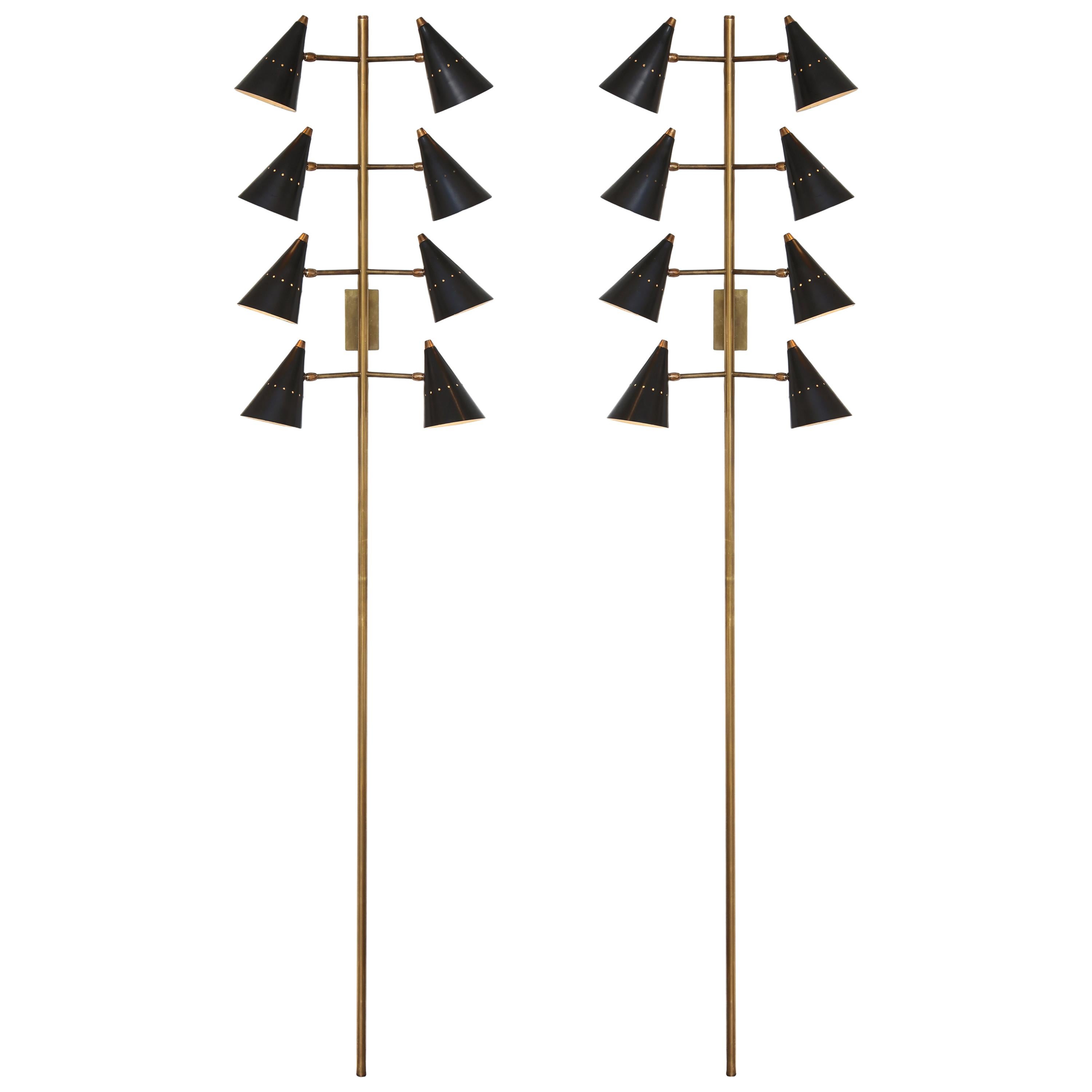 Stilnovo Rare Pair of Tall Eight-Arm Adjustable Wall Lights, Italy, 1950s For Sale
