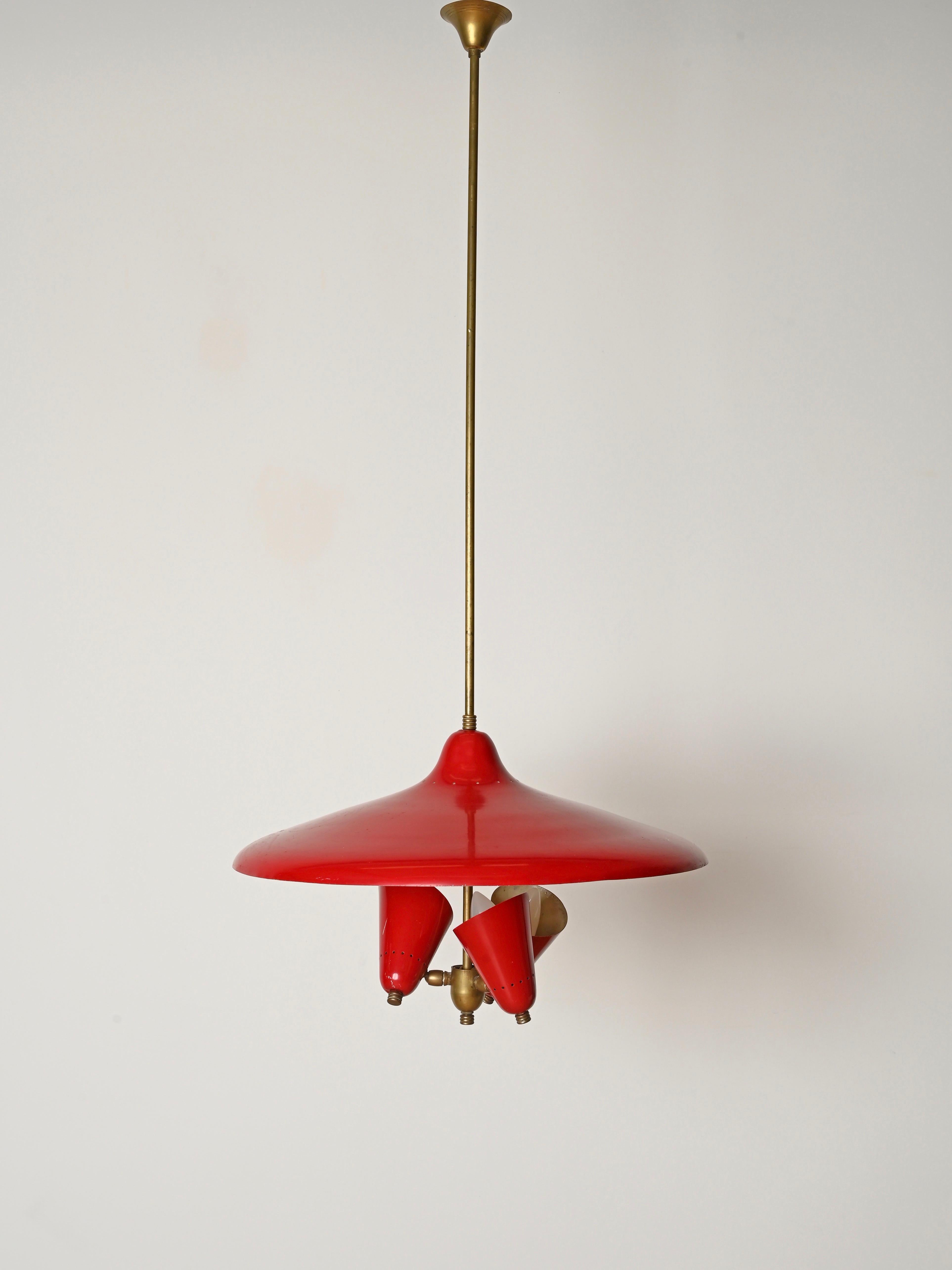 Lustre italien à 3 lumières en métal émaillé rouge et laiton, années 1950 en vente 6