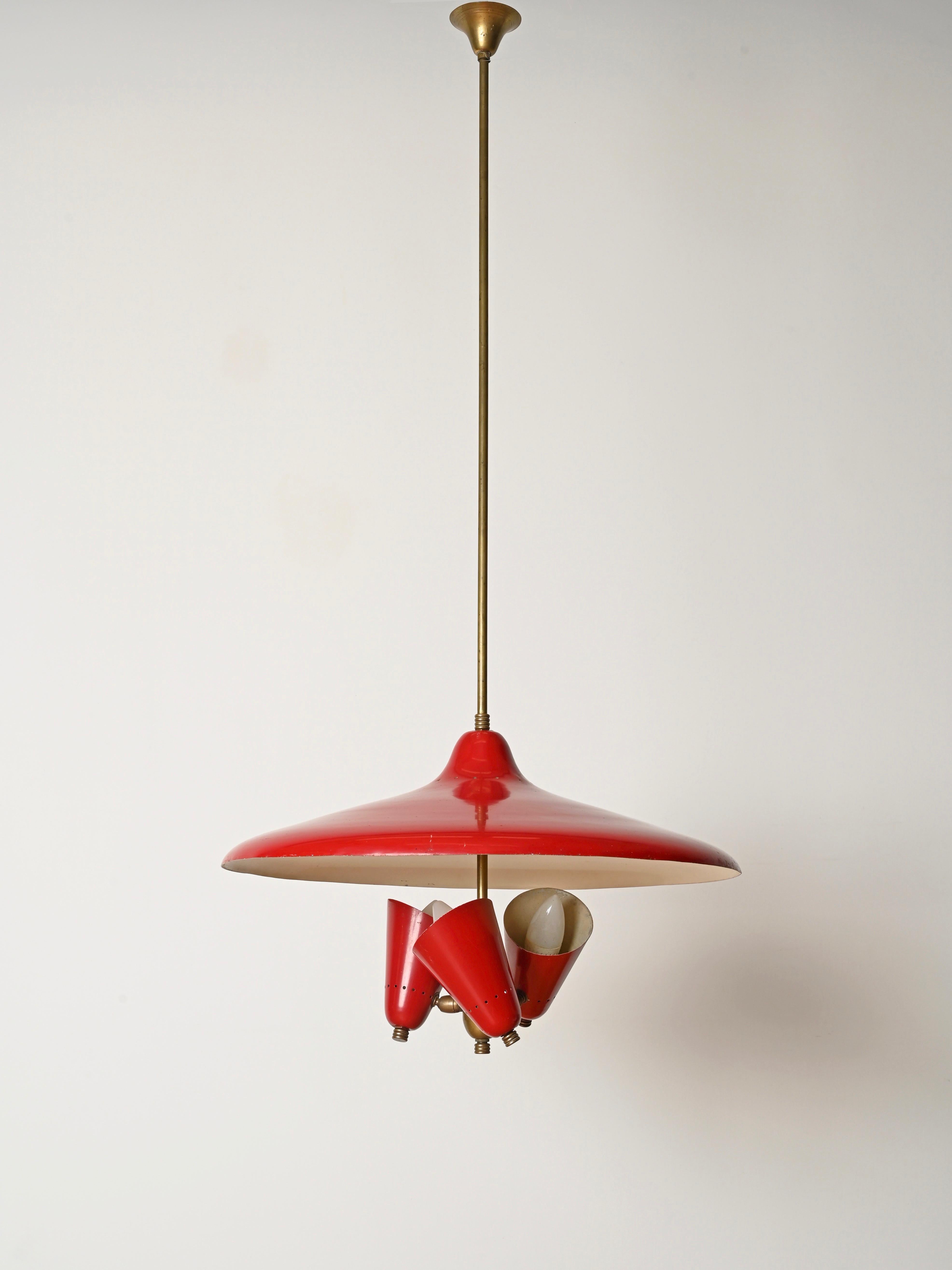 Lustre italien à 3 lumières en métal émaillé rouge et laiton, années 1950 en vente 7