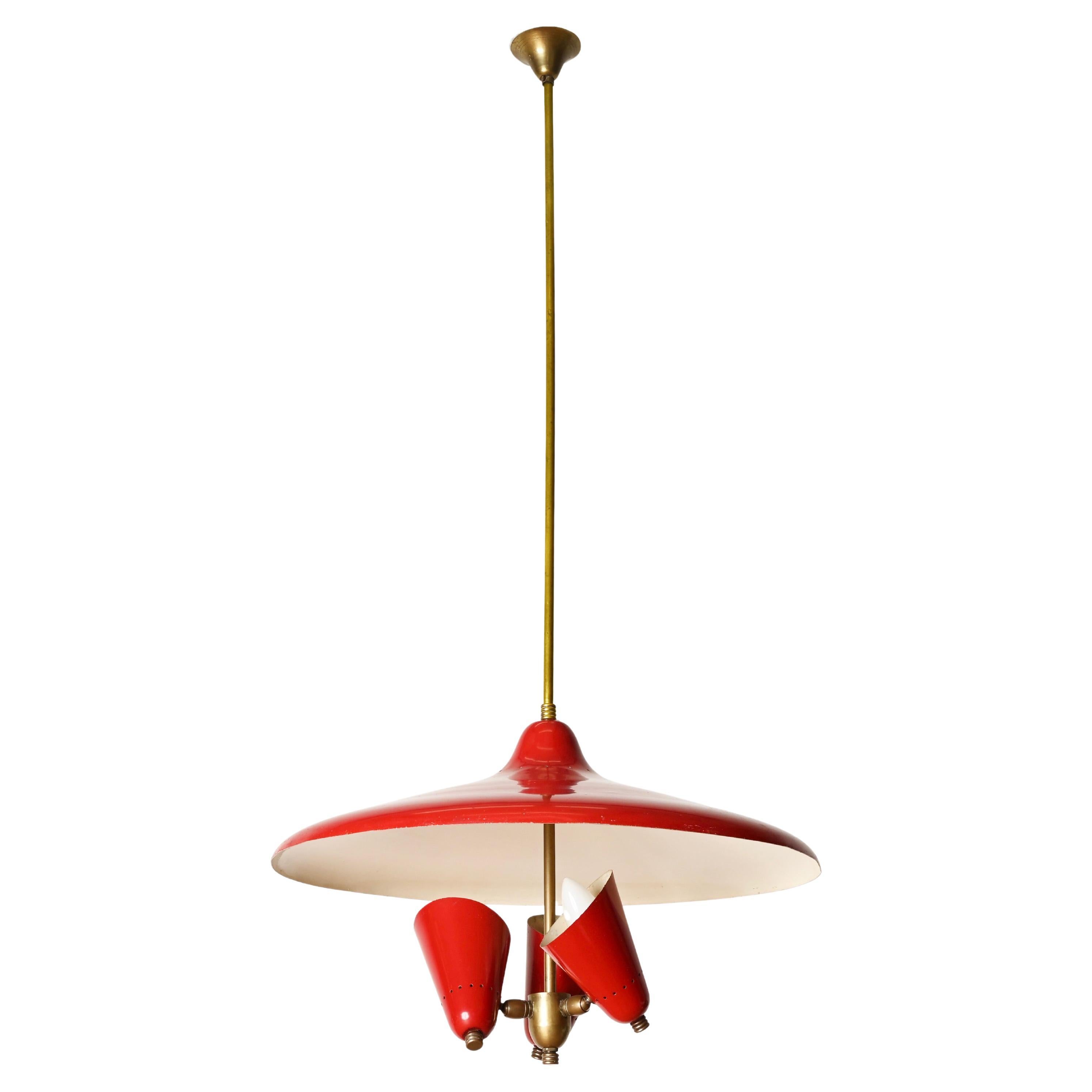 Lustre italien à 3 lumières en métal émaillé rouge et laiton, années 1950