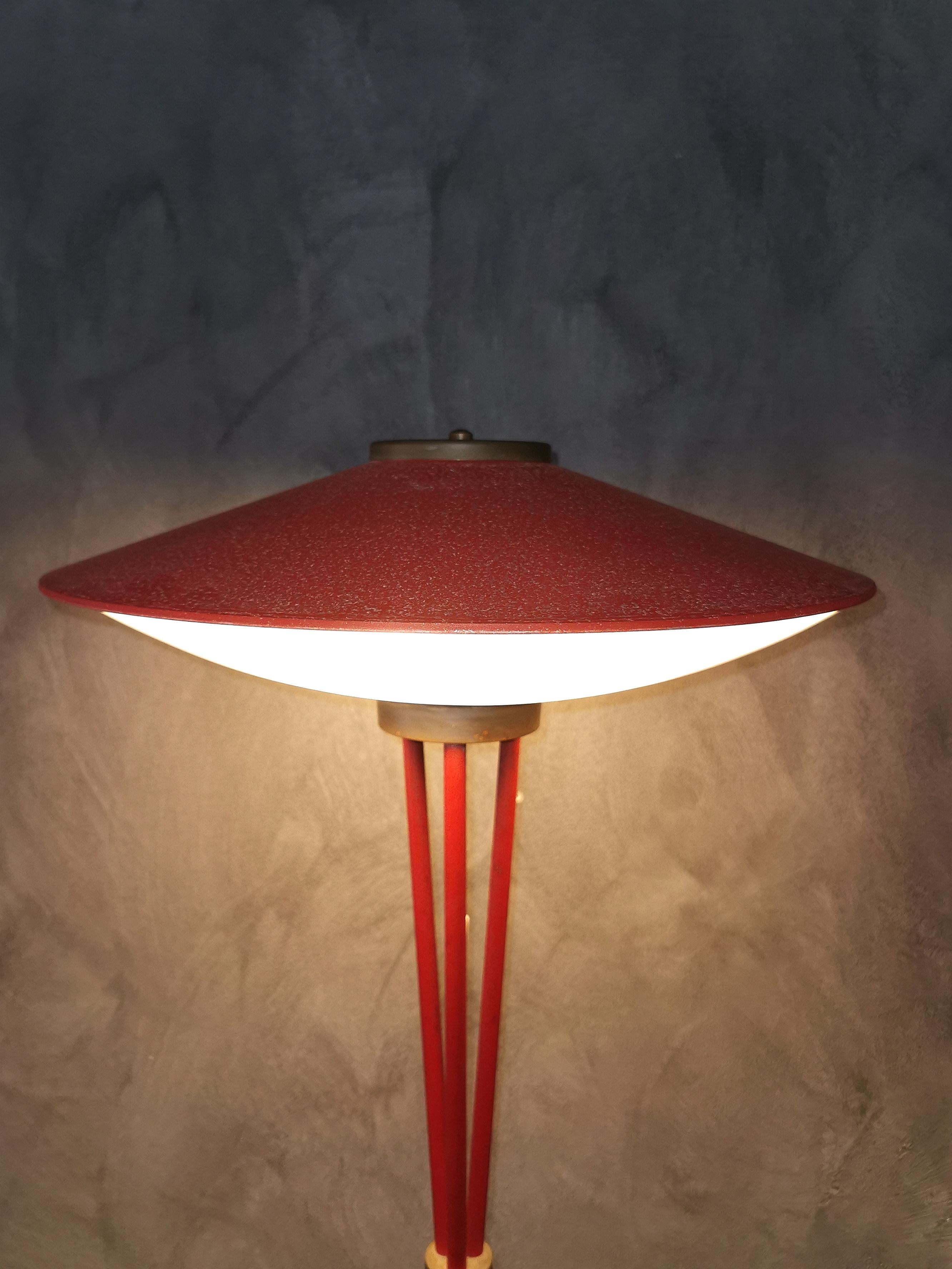 Stilnovo Red Floor Lamp Midcentury in Aluminum Glass Brass, Italy, 1950s 5