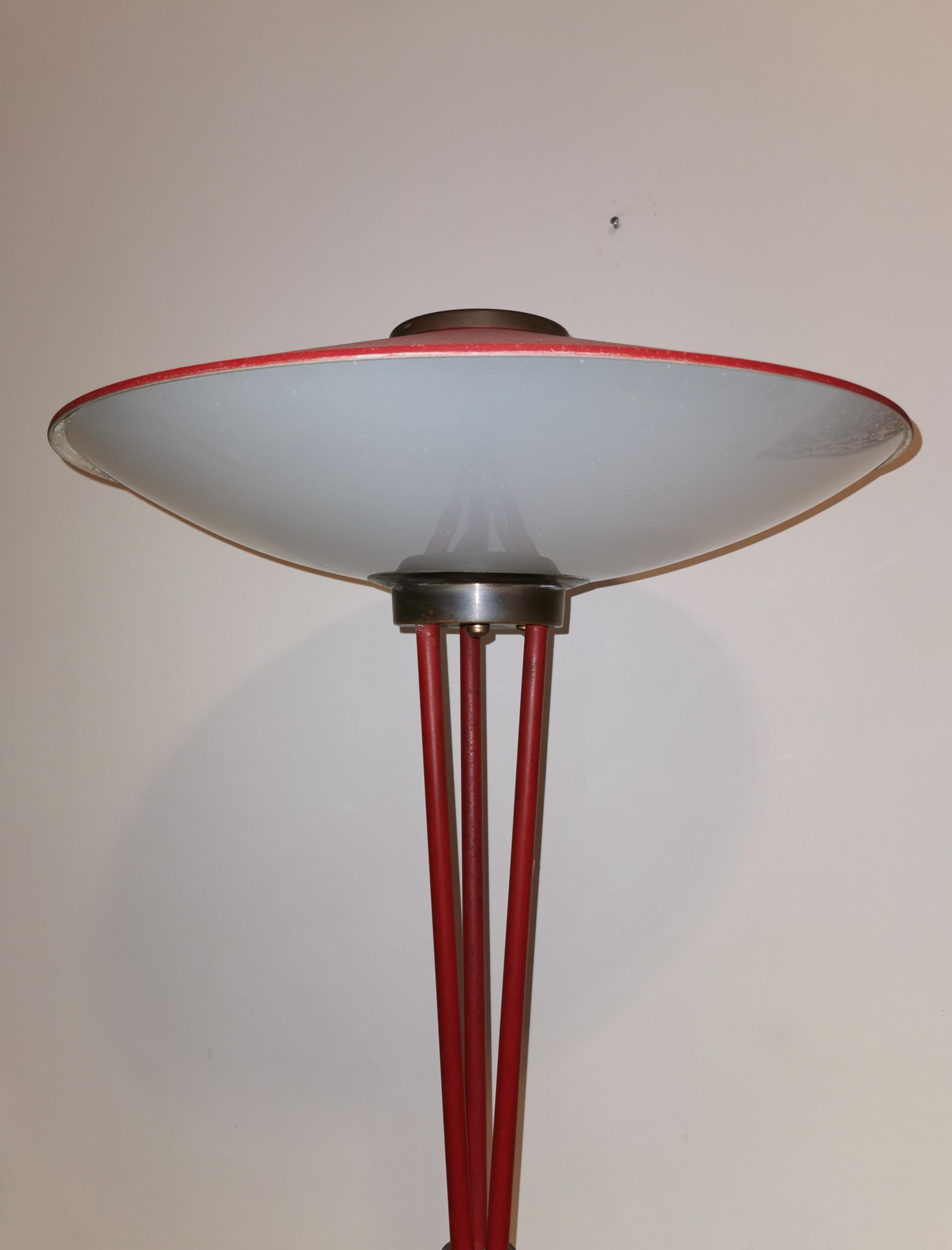 Mid-Century Modern Stilnovo Red Floor Lamp Midcentury in Aluminum Glass Brass, Italy, 1950s