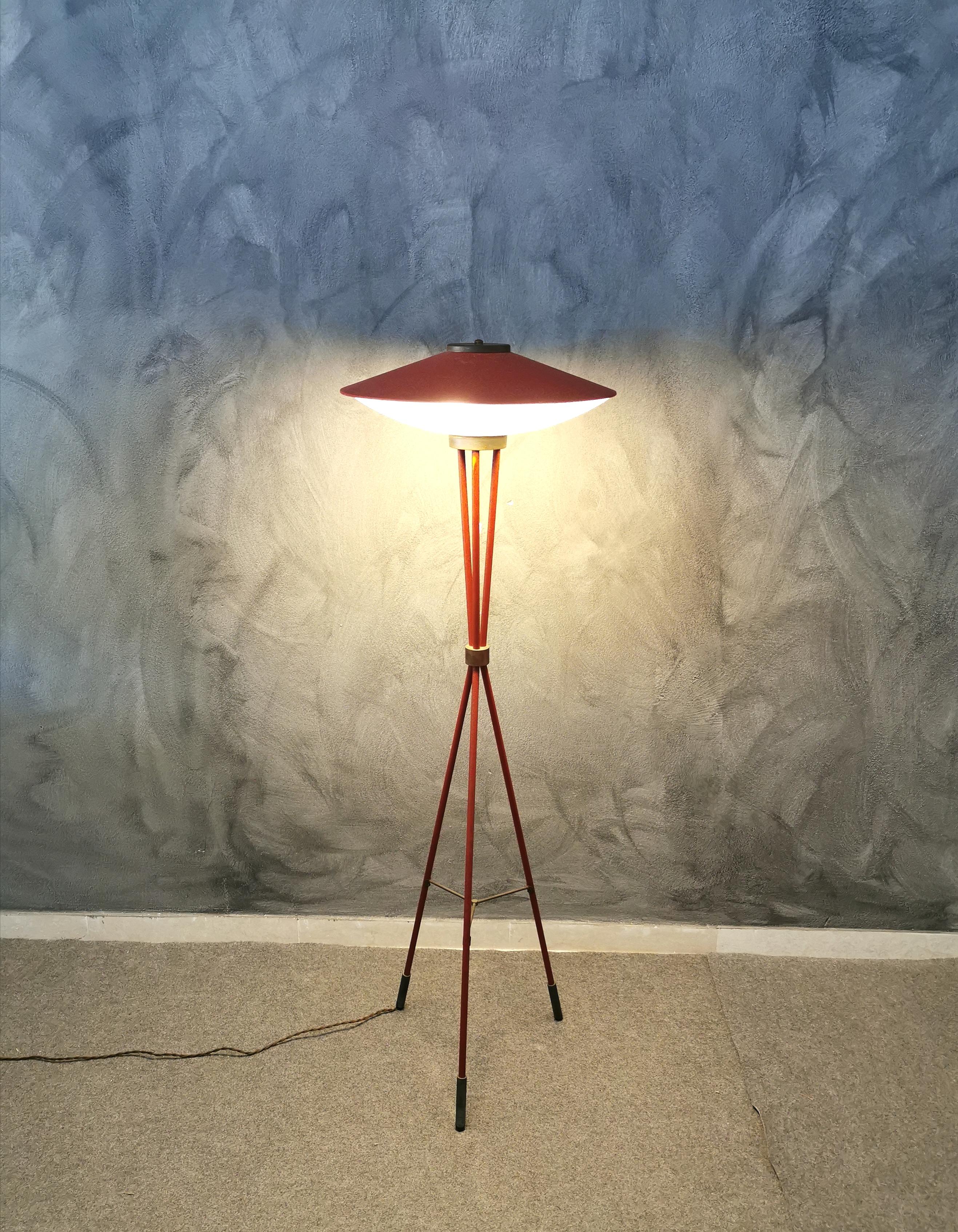 Italian Stilnovo Red Floor Lamp Midcentury in Aluminum Glass Brass, Italy, 1950s