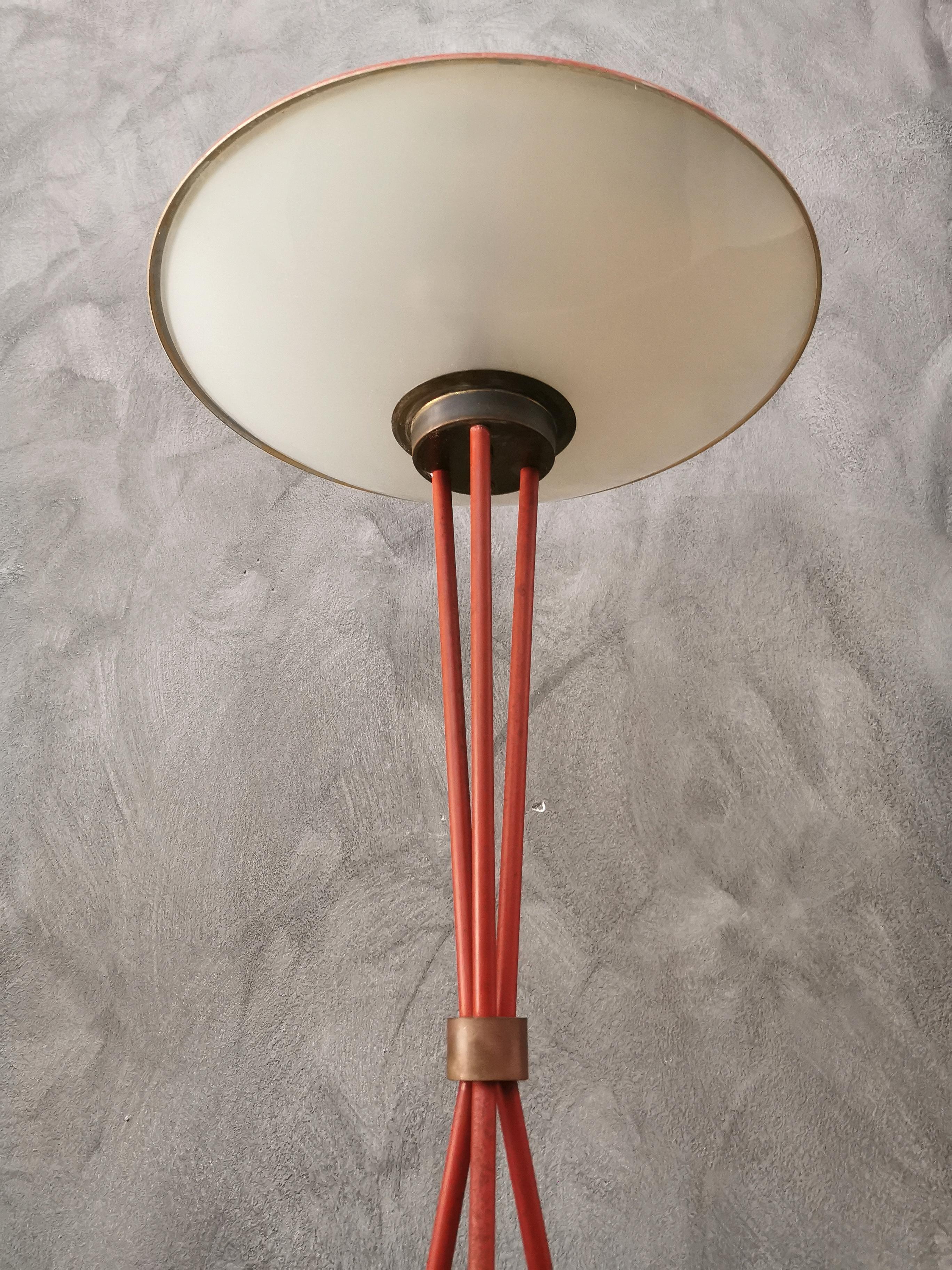 Stilnovo Red Floor Lamp Midcentury in Aluminum Glass Brass, Italy, 1950s 1