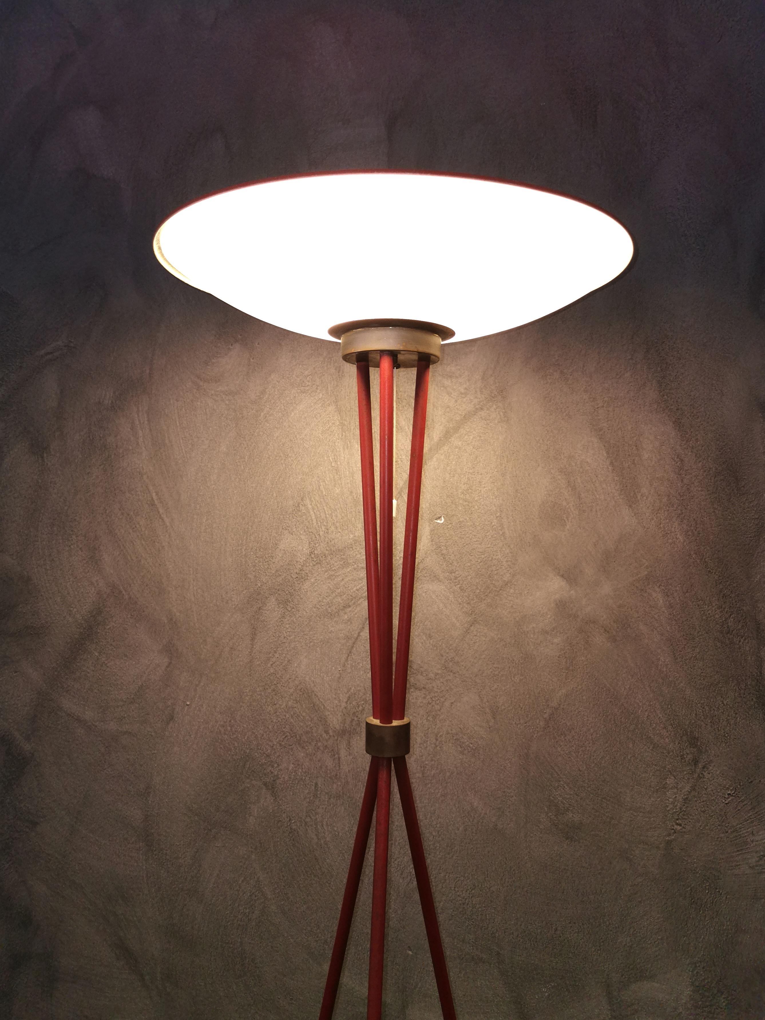 Stilnovo Red Floor Lamp Midcentury in Aluminum Glass Brass, Italy, 1950s 2