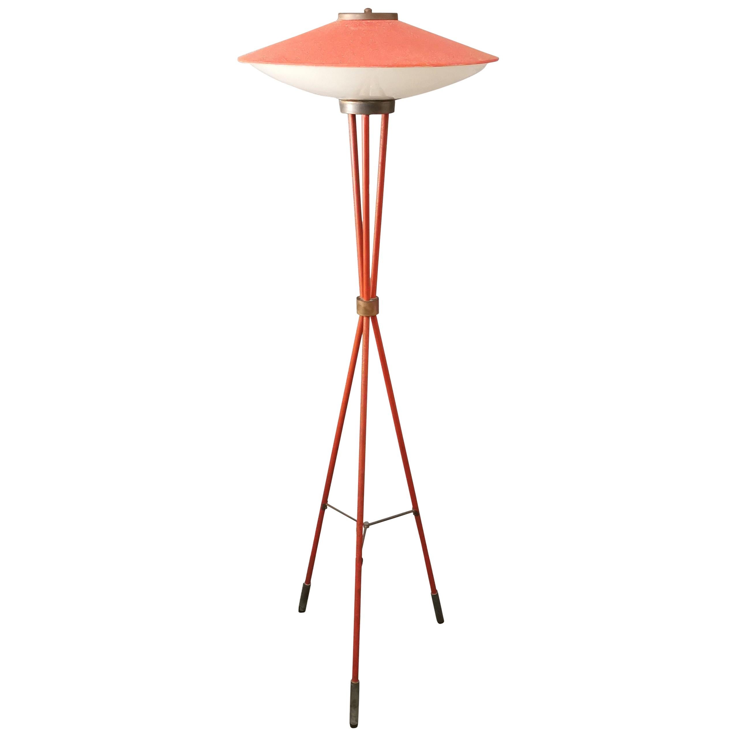 Stilnovo Red Floor Lamp Midcentury in Aluminum Glass Brass, Italy, 1950s