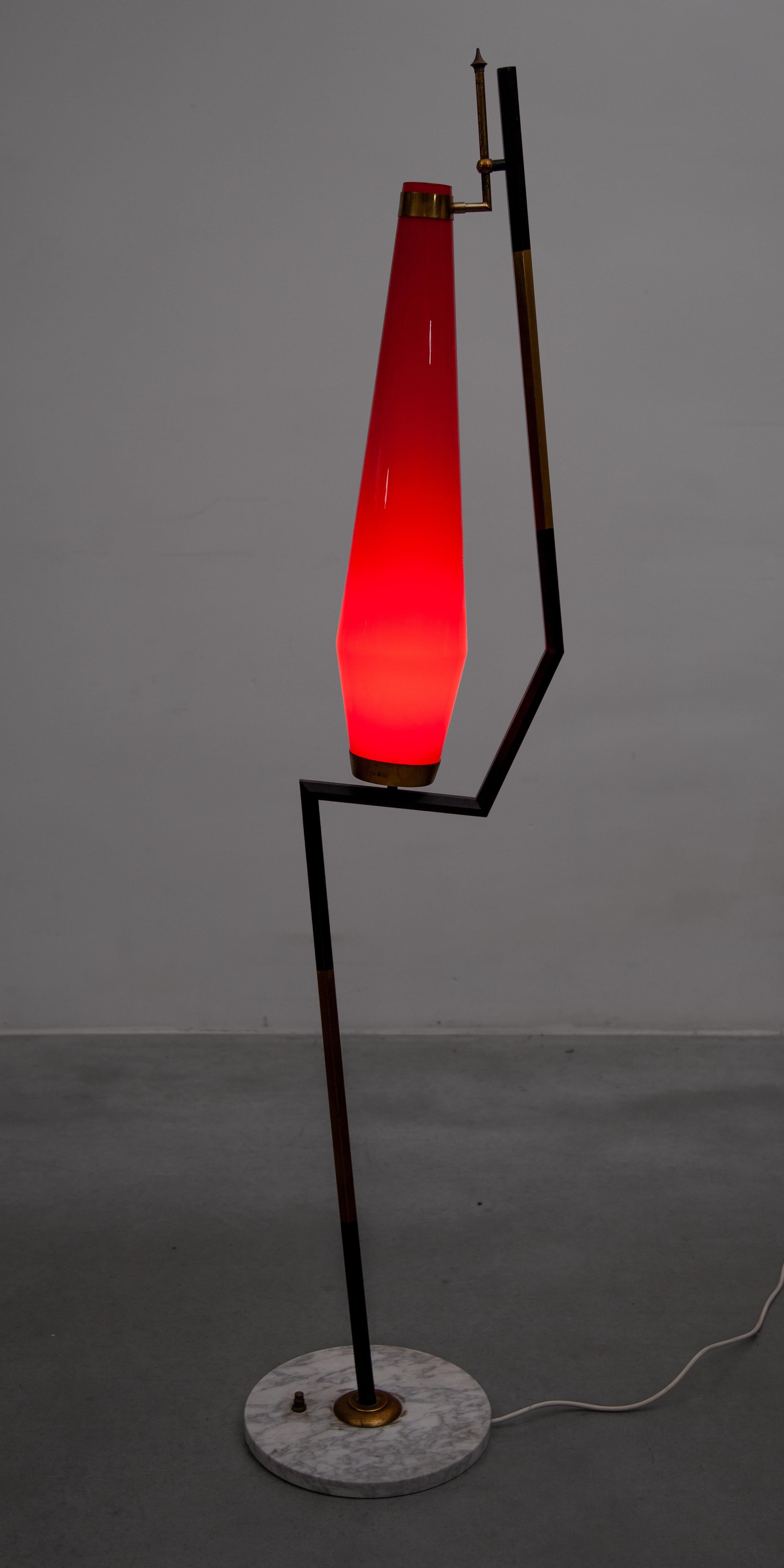 Attributed to Stilnovo Red Glass Shade Floor Lamp, 1960 designed by Vistosi For Sale 2
