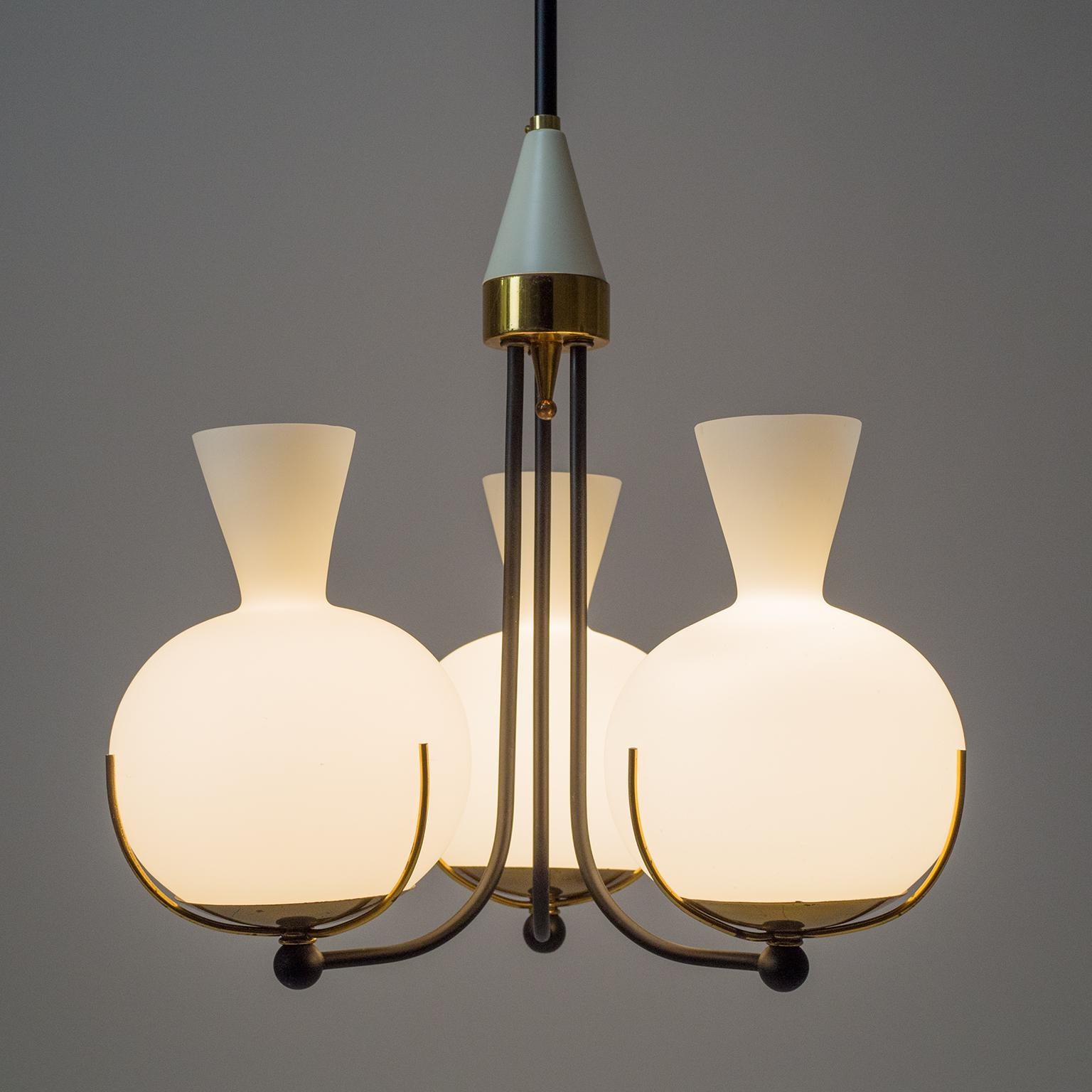 Stilnovo Satin Glass and Brass Chandelier, 1950s 3