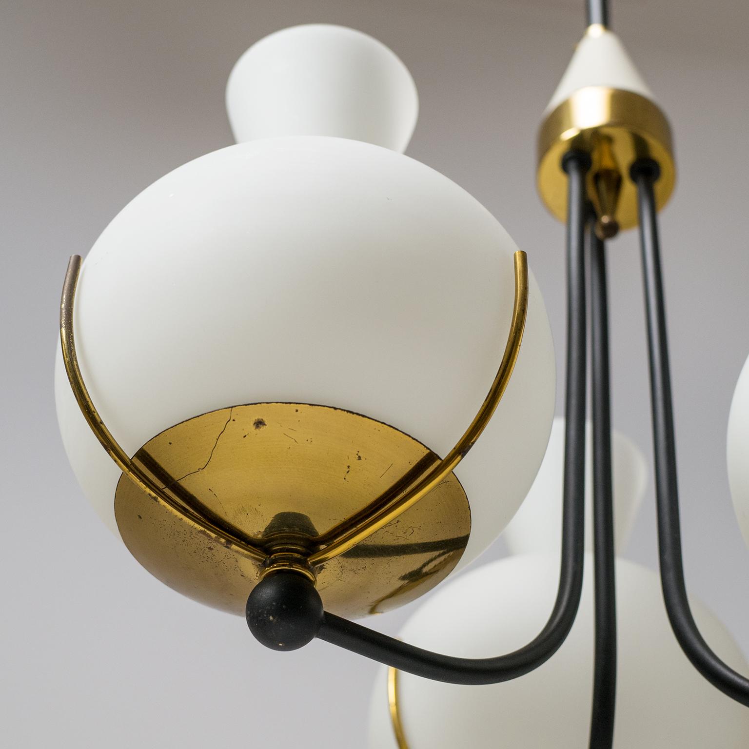 Stilnovo Satin Glass and Brass Chandelier, 1950s 5