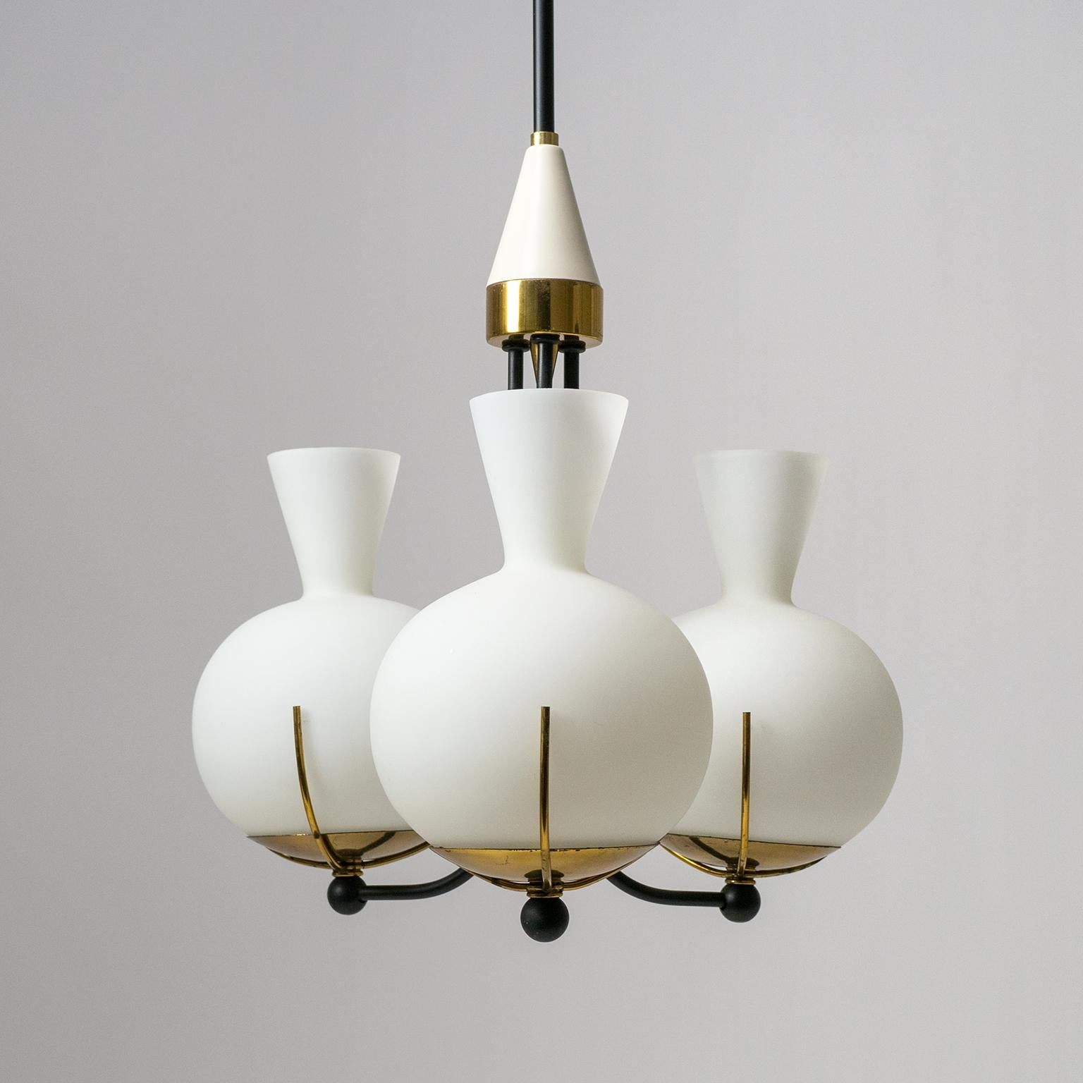 Stilnovo Satin Glass and Brass Chandelier, 1950s 1