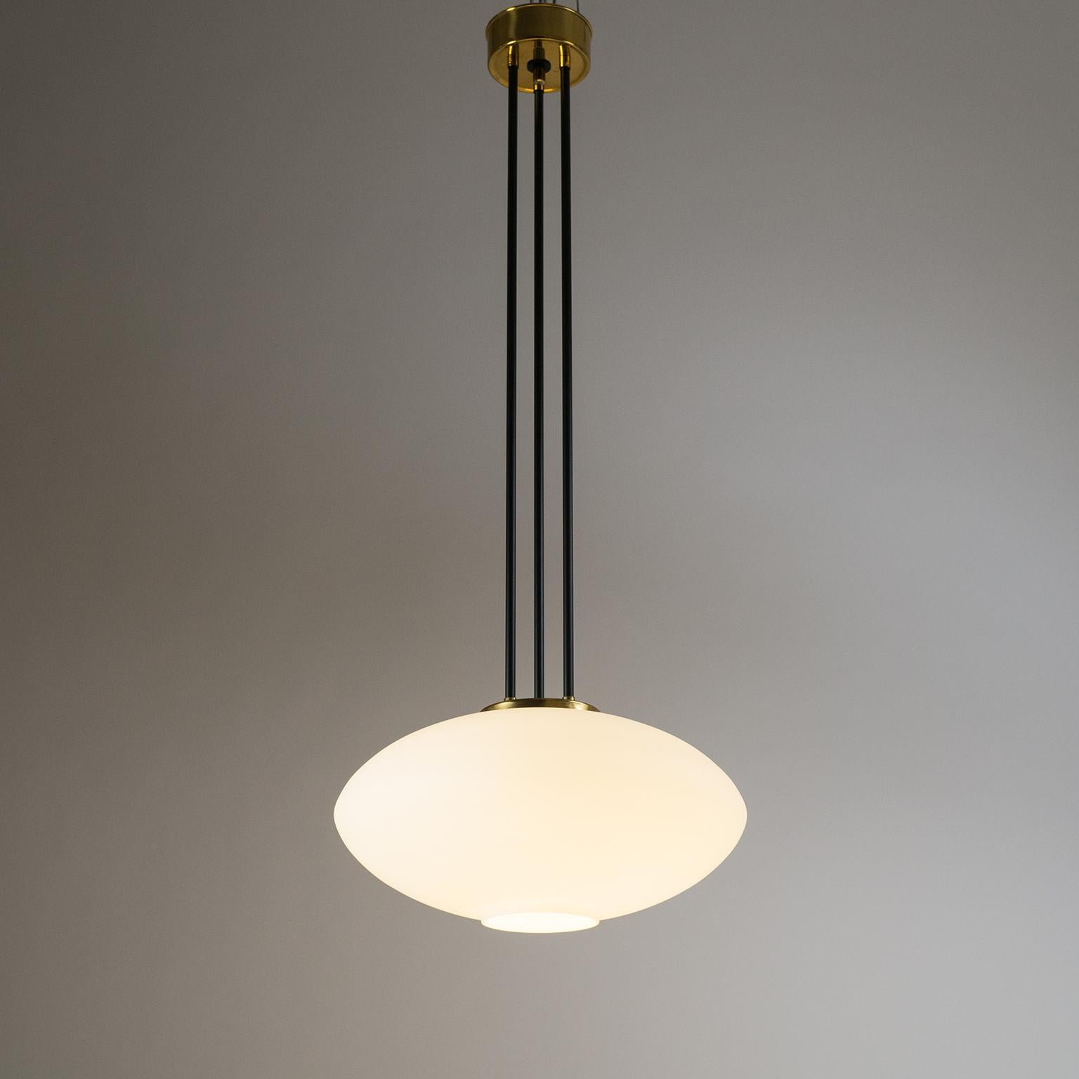 Italian Stilnovo Satin Glass and Brass Pendant, circa 1960