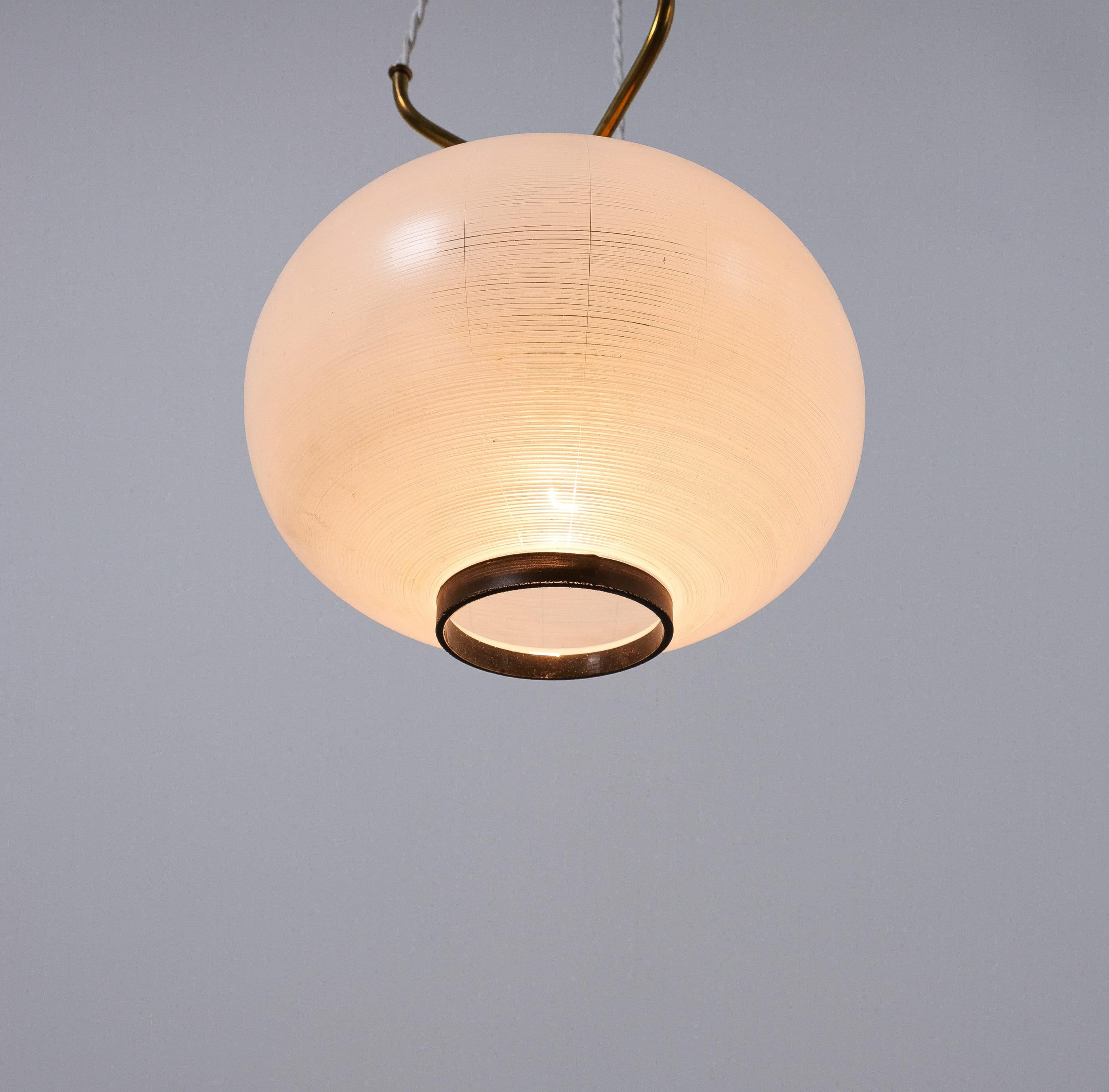 Mid-Century Modern Stilnovo Satin Glass and Brass Suspension Pendant Lamps (2) by, Italy, 1950