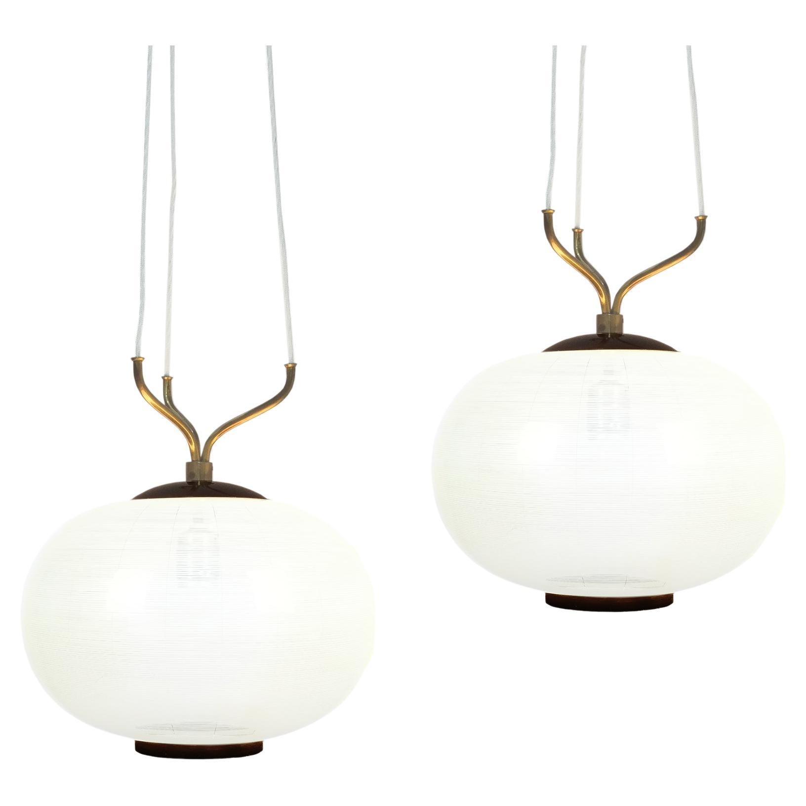 Stilnovo Satin Glass and Brass Suspension Pendant Lamps (2) by, Italy, 1950