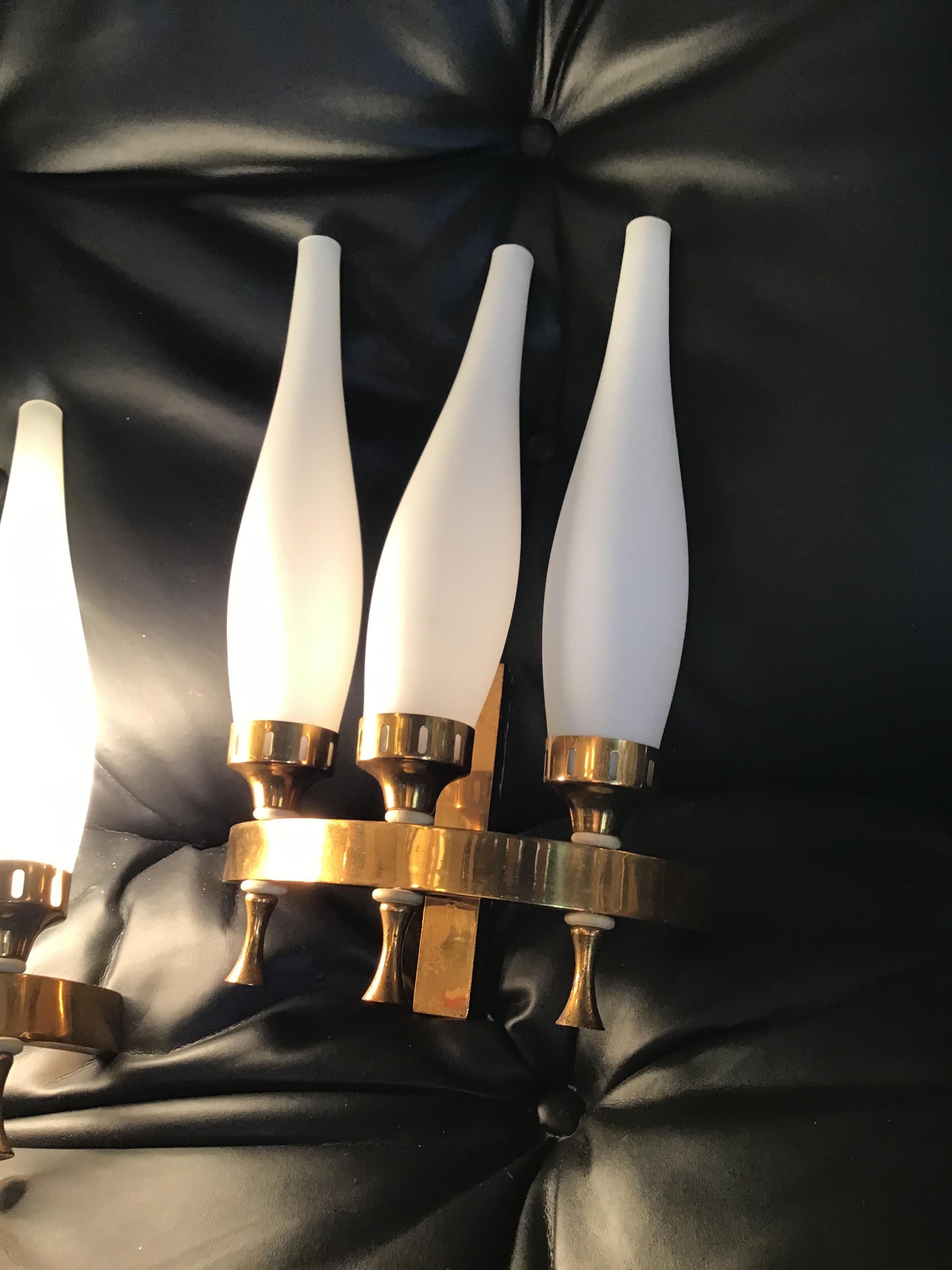 Stilnovo Sconces Brass Opaline Glass 1950 Italy For Sale 5