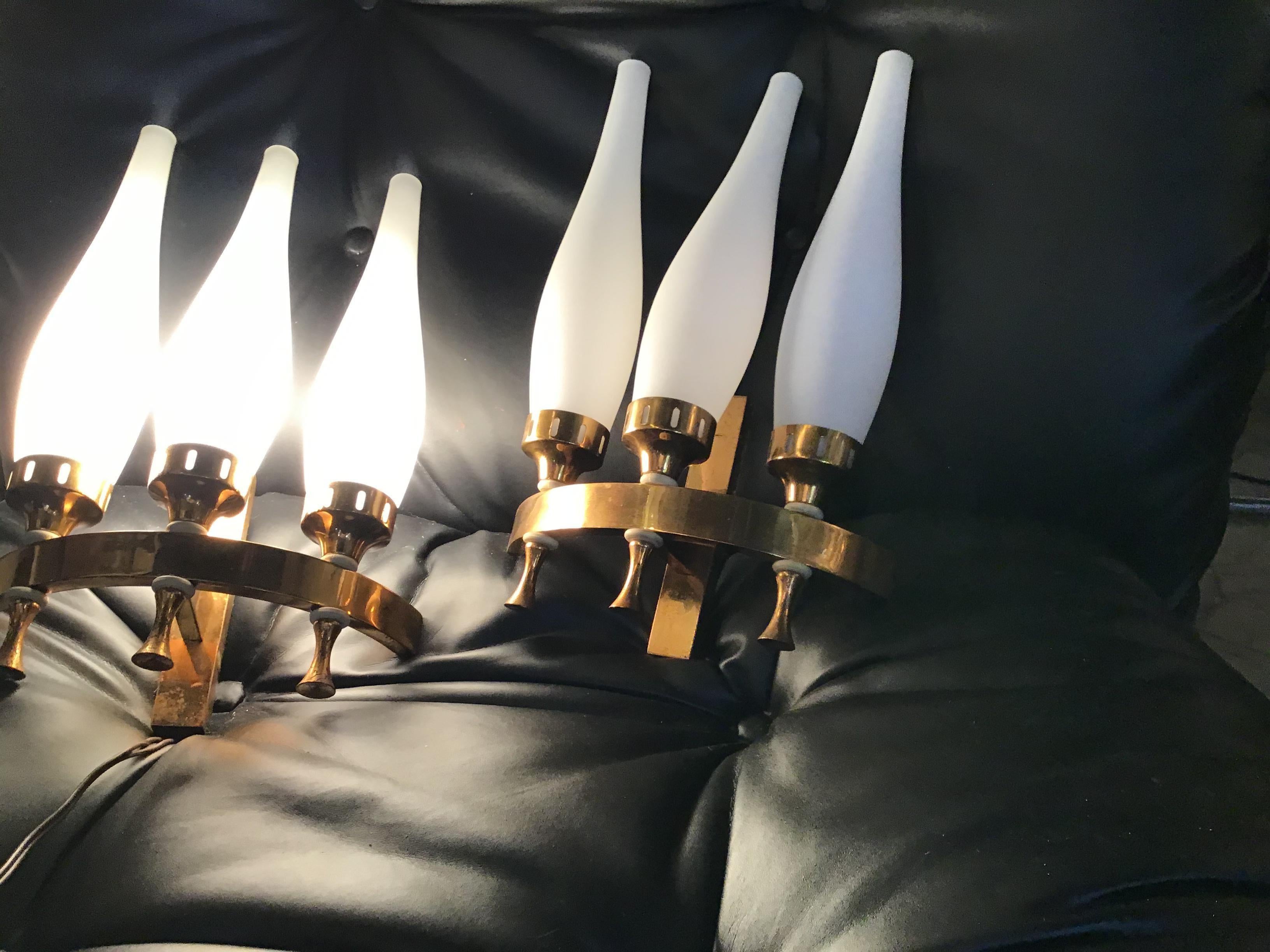 Stilnovo Sconces Brass Opaline Glass 1950 Italy For Sale 6