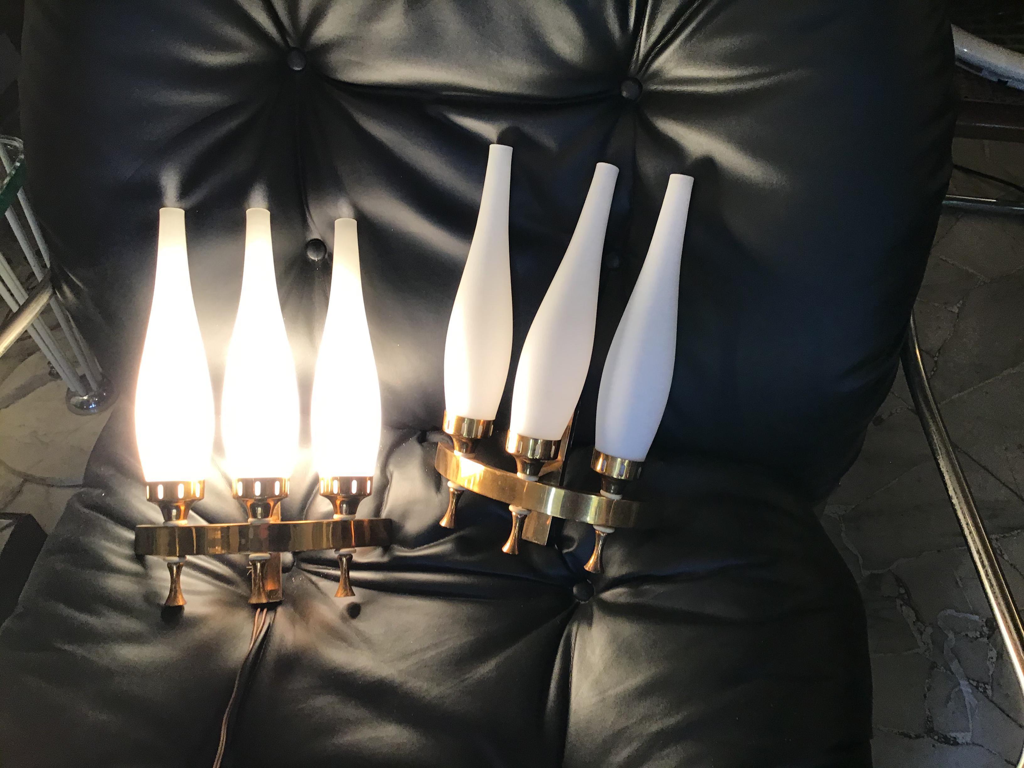 Stilnovo Sconces Brass Opaline Glass 1950 Italy For Sale 8