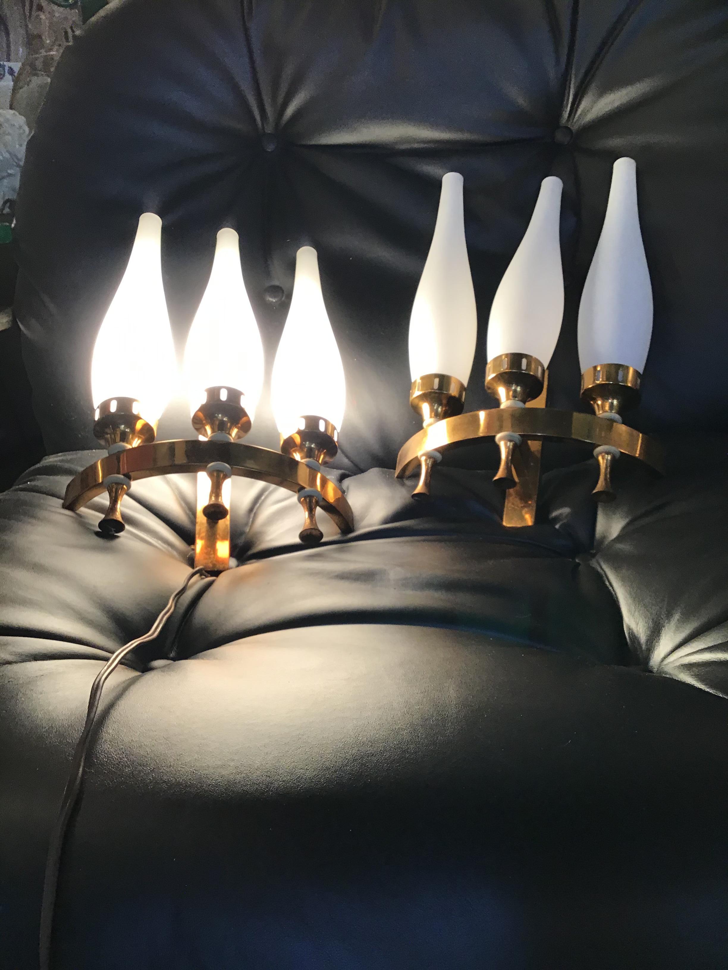 Stilnovo Sconces Brass Opaline Glass 1950 Italy For Sale 10