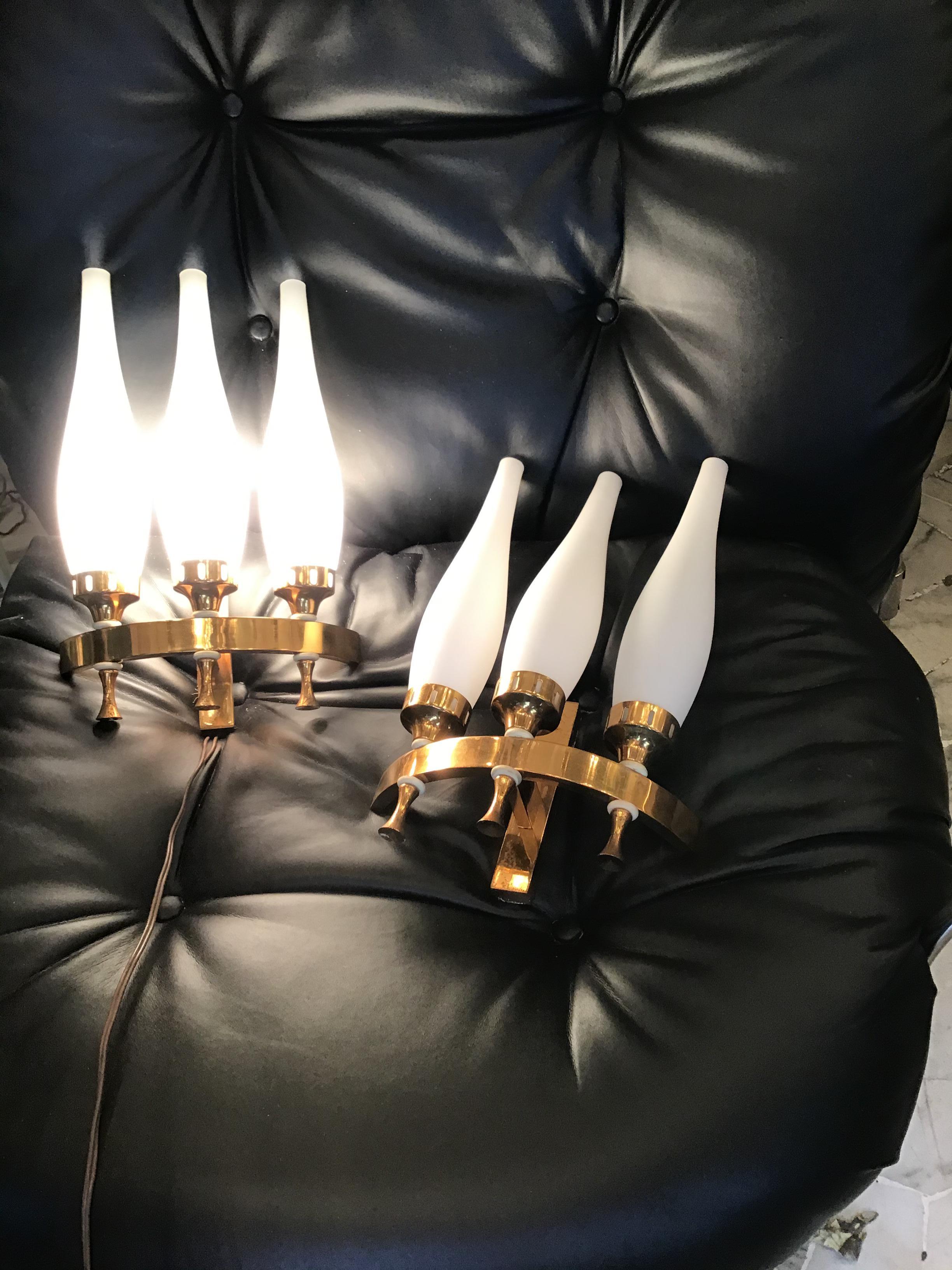 Other Stilnovo Sconces Brass Opaline Glass 1950 Italy For Sale