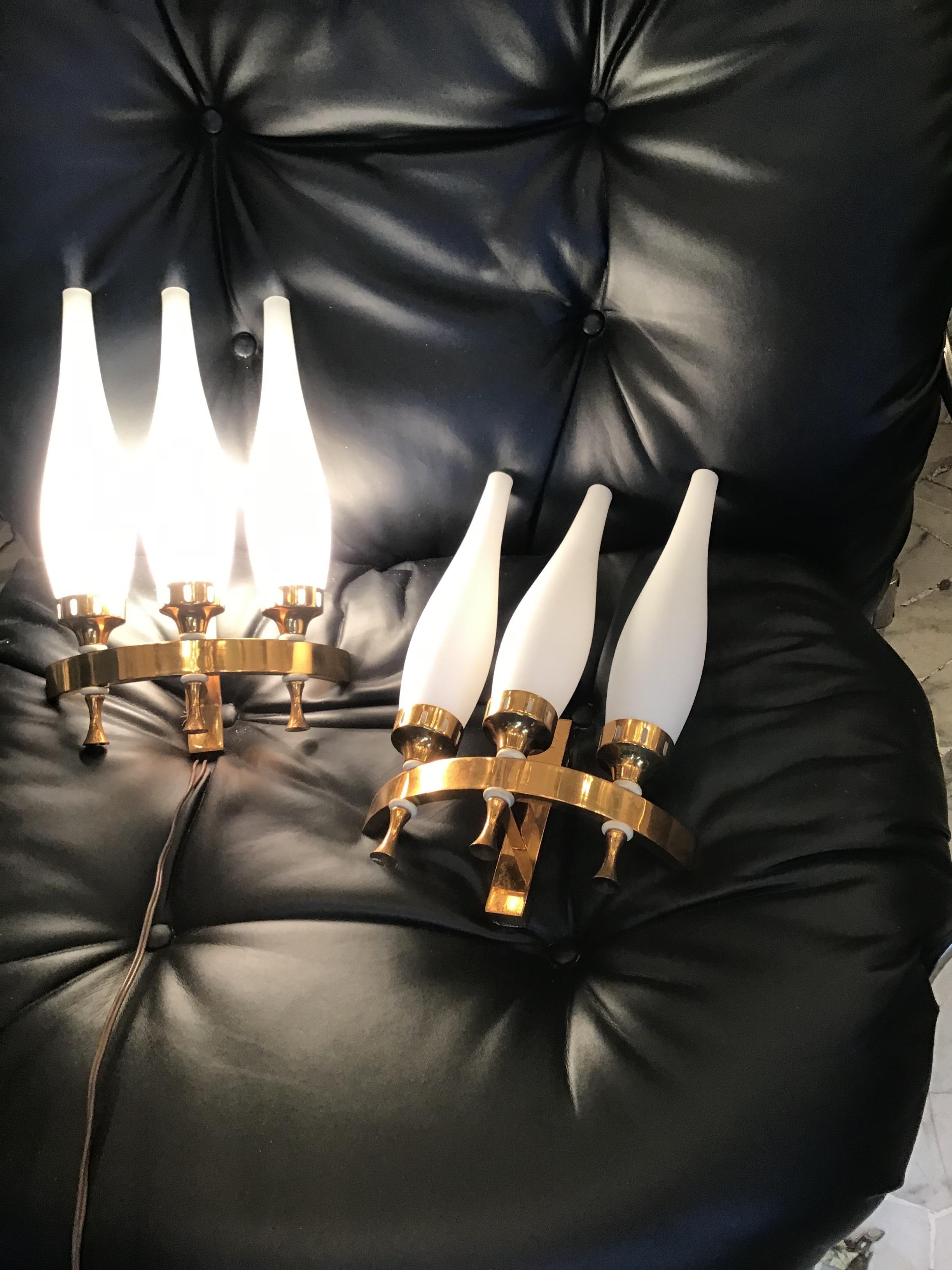 Italian Stilnovo Sconces Brass Opaline Glass 1950 Italy For Sale