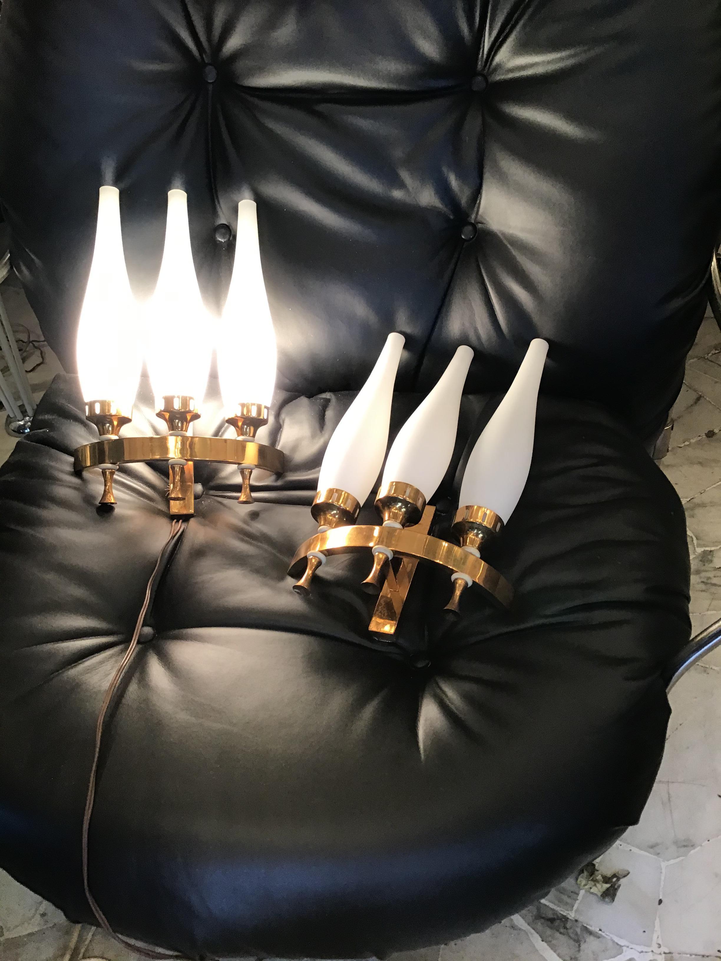 Stilnovo Sconces Brass Opaline Glass 1950 Italy For Sale 1