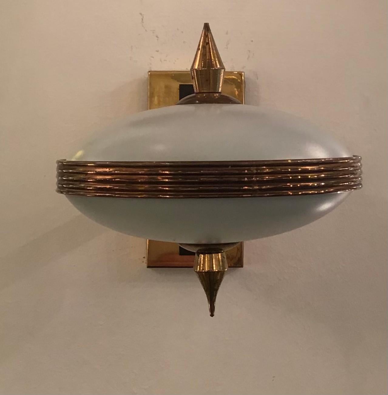 Stilnovo Style Sconces Brass Opaline Glass Iron, 1950, Italy 1