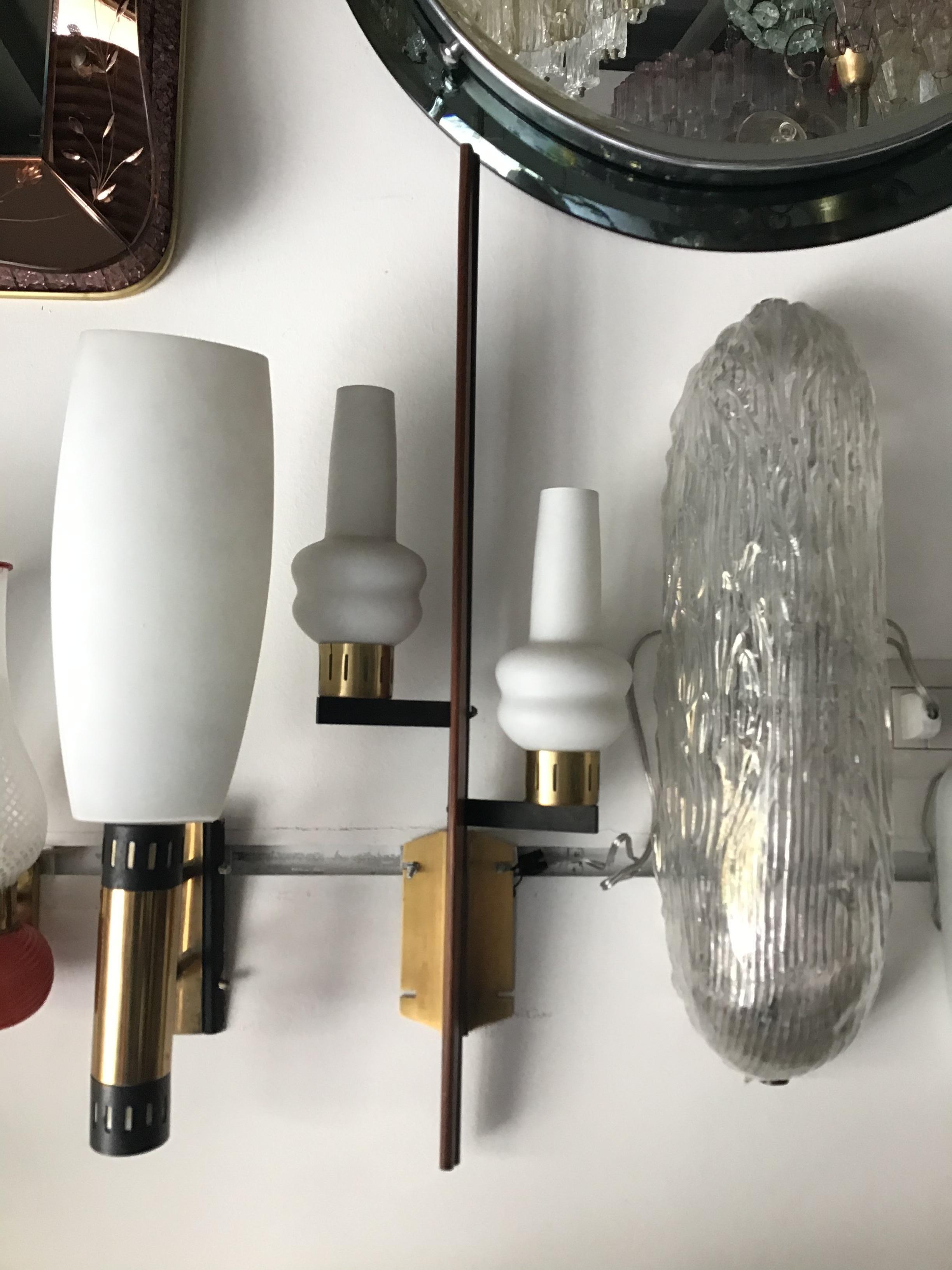 Stilnovo Style Sconces Iron Brass wood Opaline Glass, 1950, Italy In Excellent Condition For Sale In Milano, IT