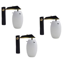 Stilnovo Set of 3 Metal, Brass and Opal Glass Wall Lamps, 1950s