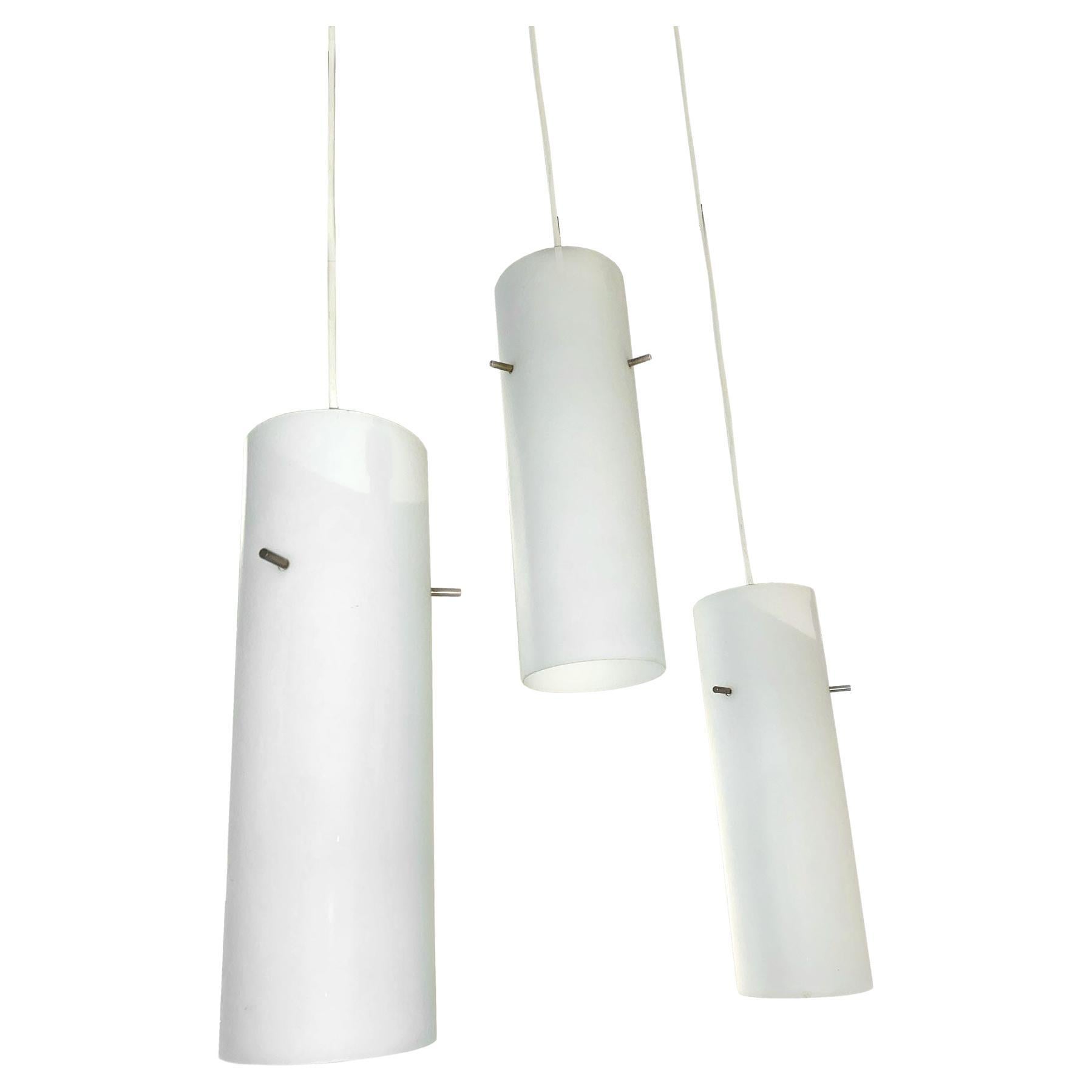 Stilnovo set of 3 chandeliers in opaline glass and brass structure from the 1950