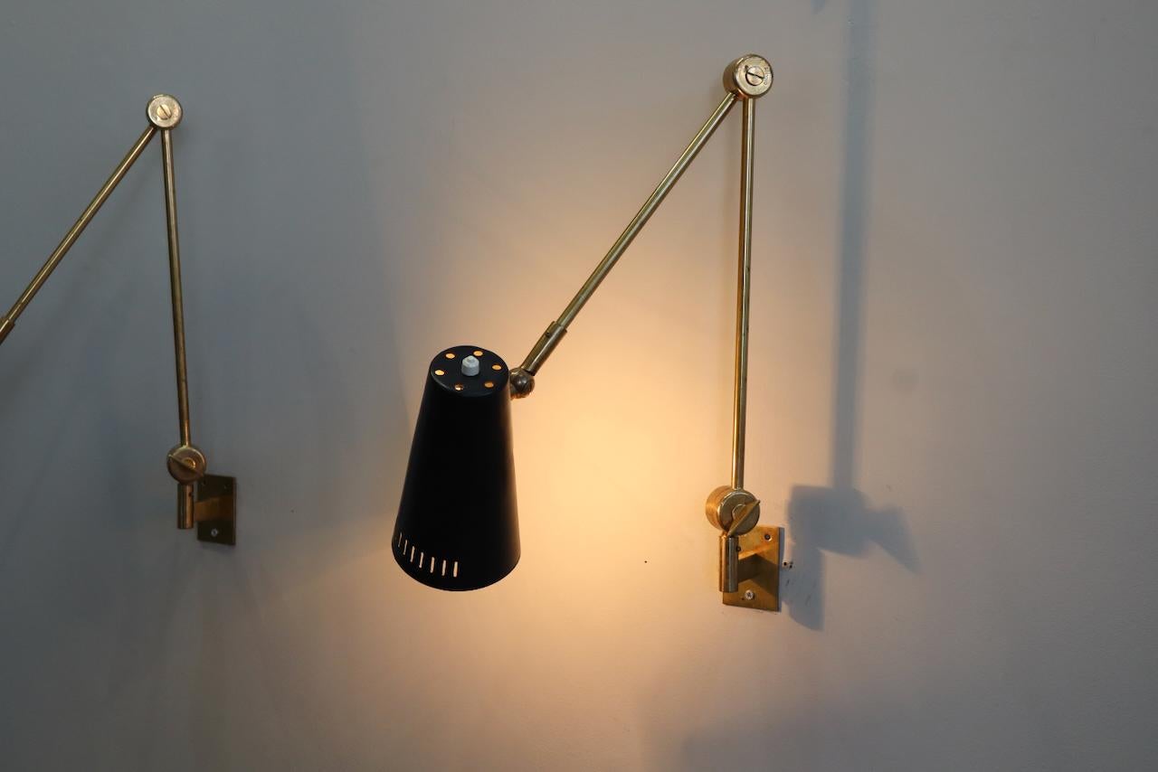 Italian Stilnovo Signed Brass Adjustable Wall Lamp, 1950s For Sale