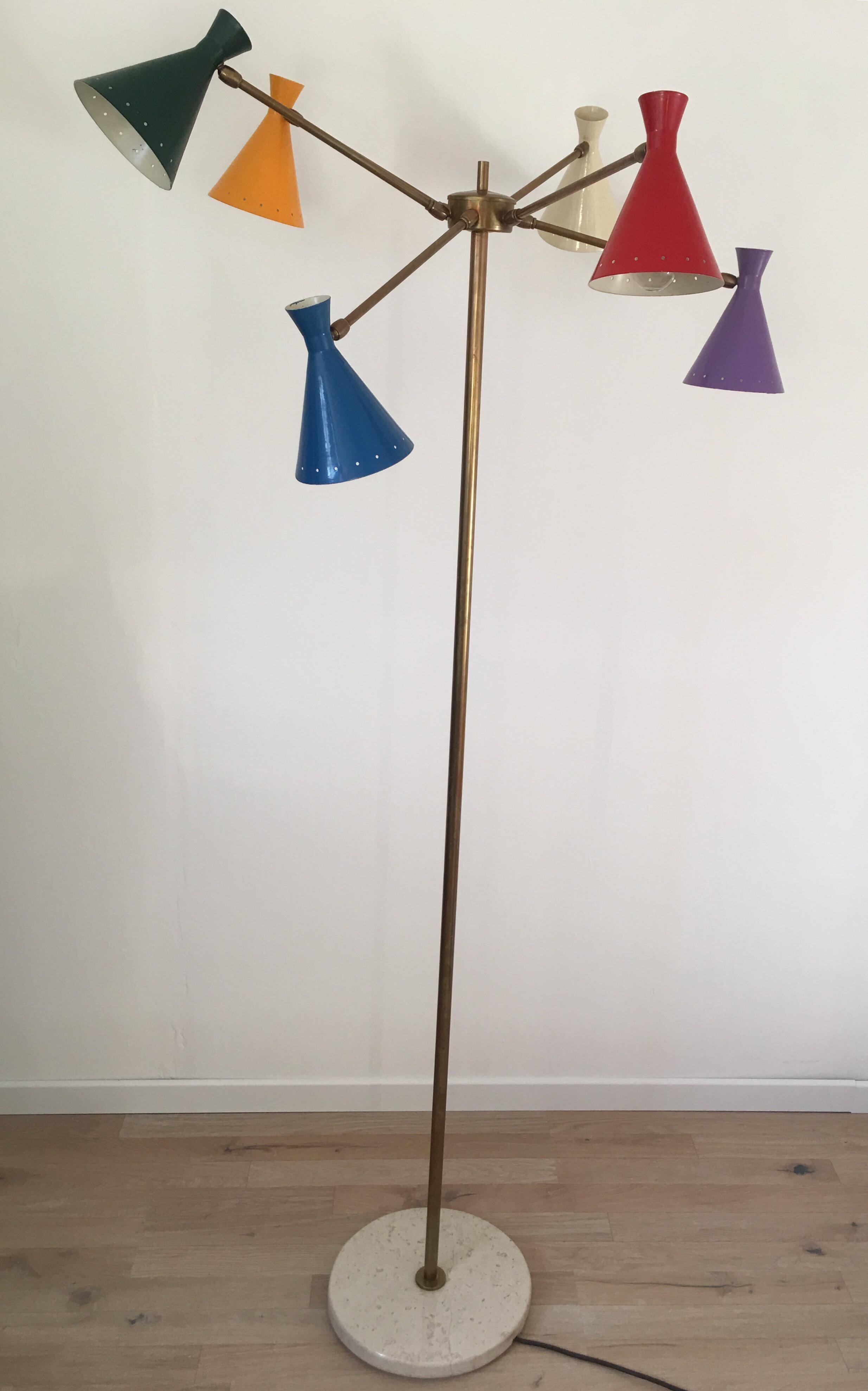Painted Stilnovo Six Adjustable Brass Arms Floor Lamp, Marble Base, 1960s, Italy