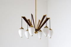 Stilnovo, six-light chandelier with brass and wood structure