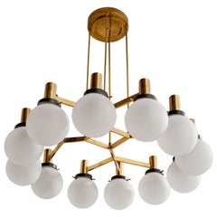 Stilnovo, Sizeable Chandelier, Brass, Metal, Glass, Italy, 1950s