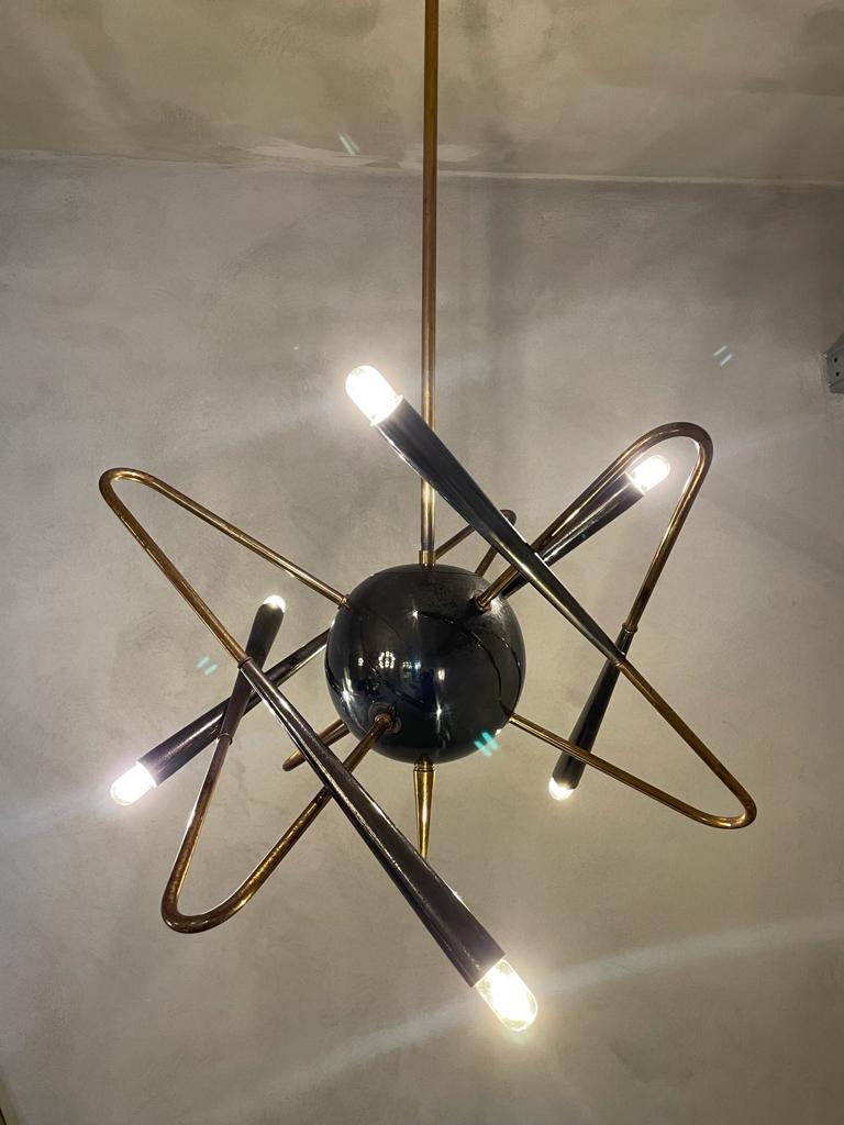 Mid-Century Modern Stilnovo Sputnik Brass Chandelier Excellent Vintage Patina, Italy, 1950s