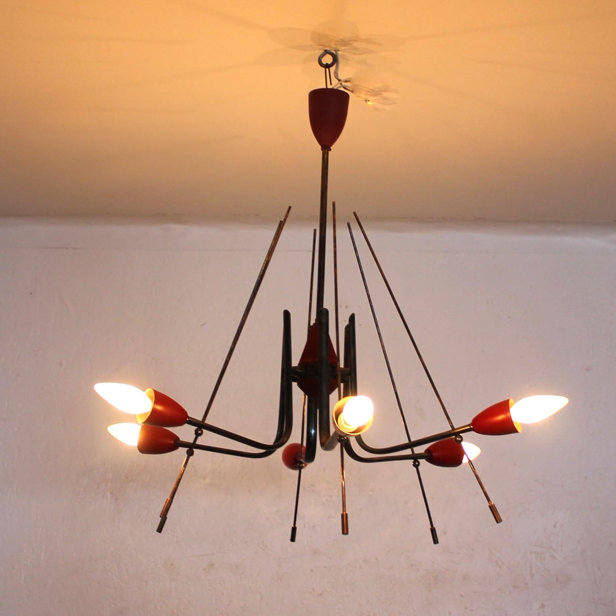 Mid-Century Modern STILNOVO Atomic Futuristic Solid Brass Chandelier Painted Red Italy 1950s